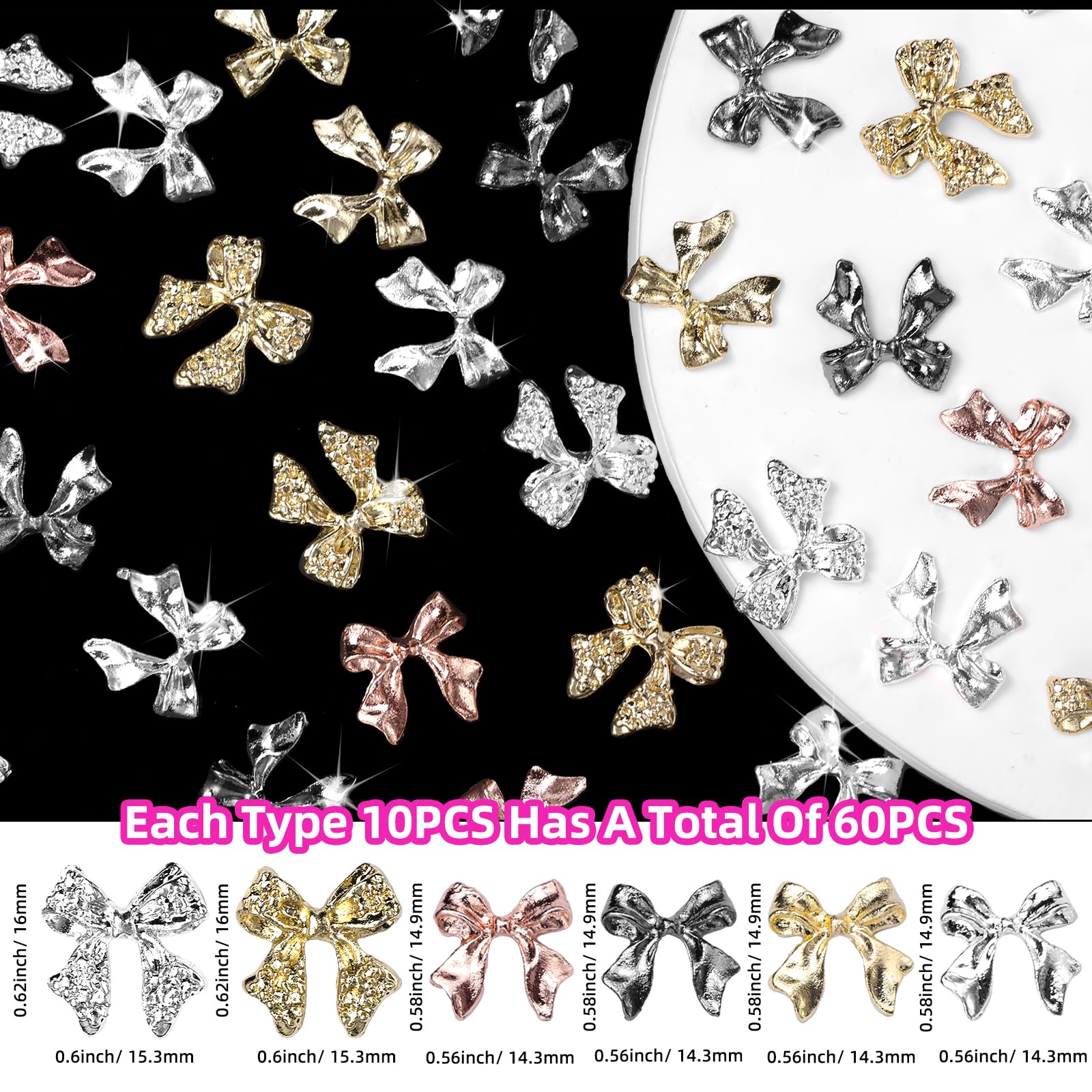 60 Pcs Metal Bow Nail Charms - 3D Golden Silver Gray Alloy Bowknots for Acrylic Nails DIY - Luxury Shiny Bow Tie Nail Gems - Perfect for Nail Art, Manicures, and Professional Salon Use