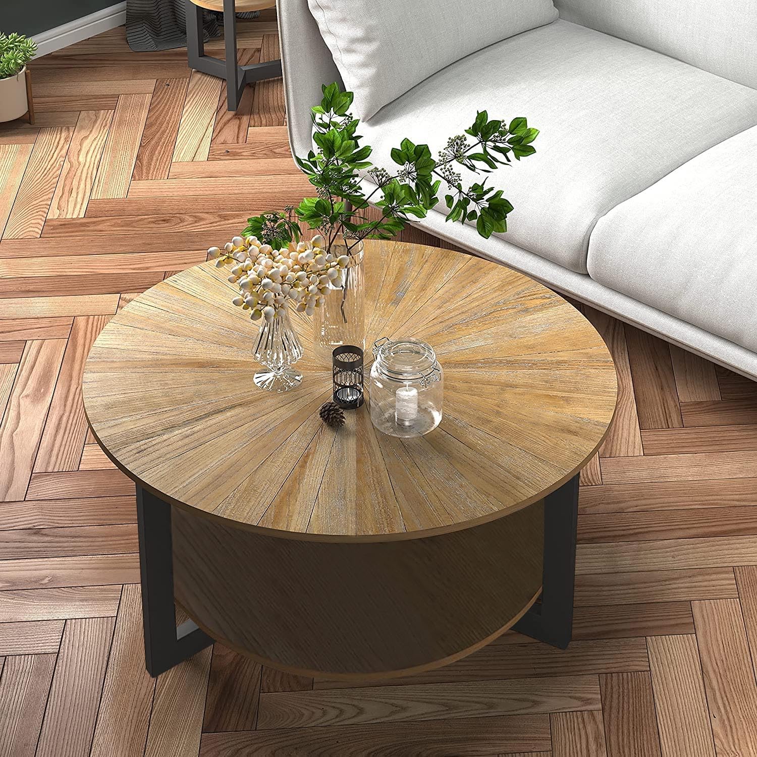Round Coffee Table for Living Room - 2 Tier Solid Wood Coffee Table with Storage Shelf & Black Metal Legs, 33.5