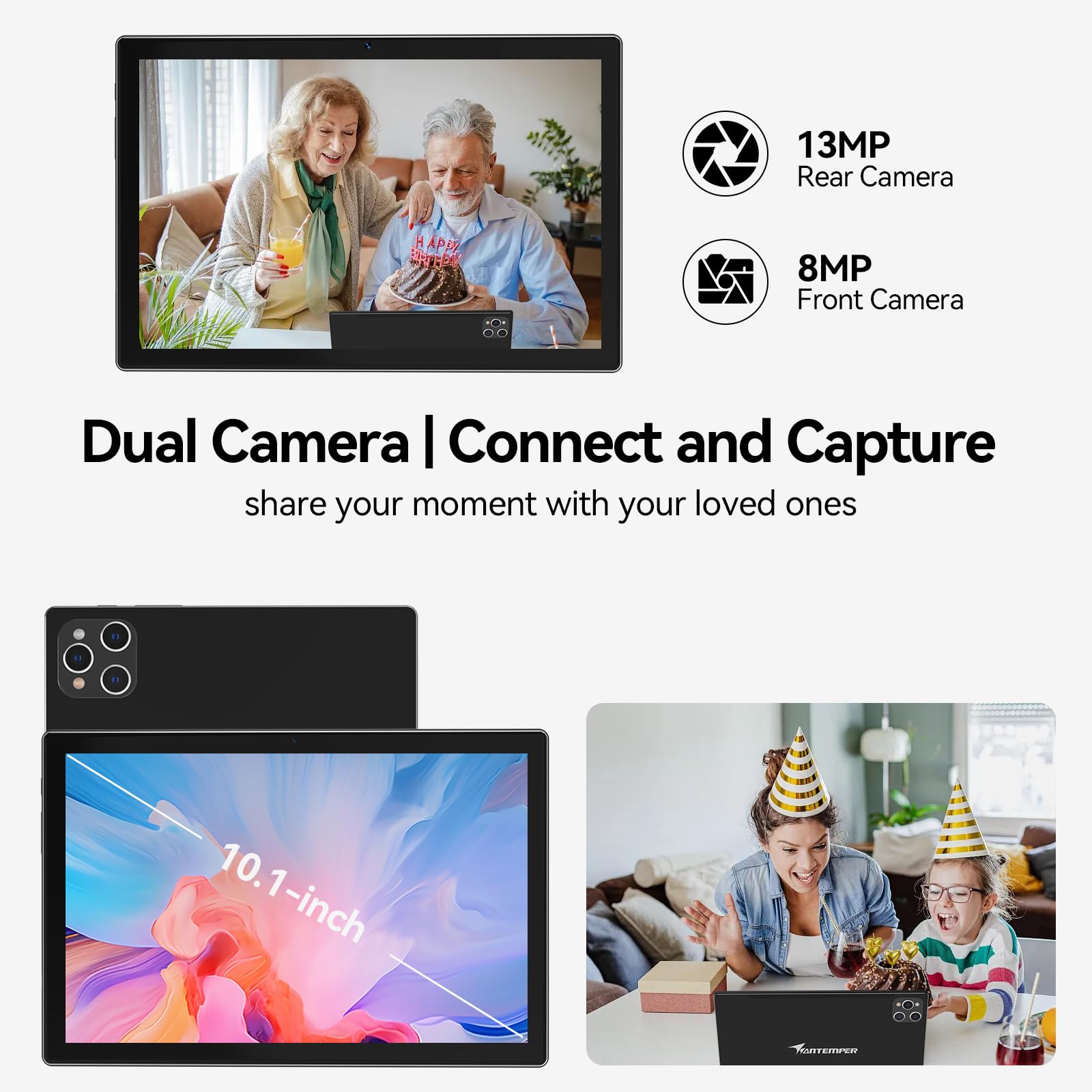 ANTEMPER 10 Inch Android Tablet 2025 - Android 13 OS, 128GB Storage + 16GB RAM (8+8 Virtual), Octa-Core Processor, 5G WiFi, 13MP+8MP Dual Camera, GPS - Includes Keyboard & Mouse Case (Black) - Perfect for Work, Study & Entertainment