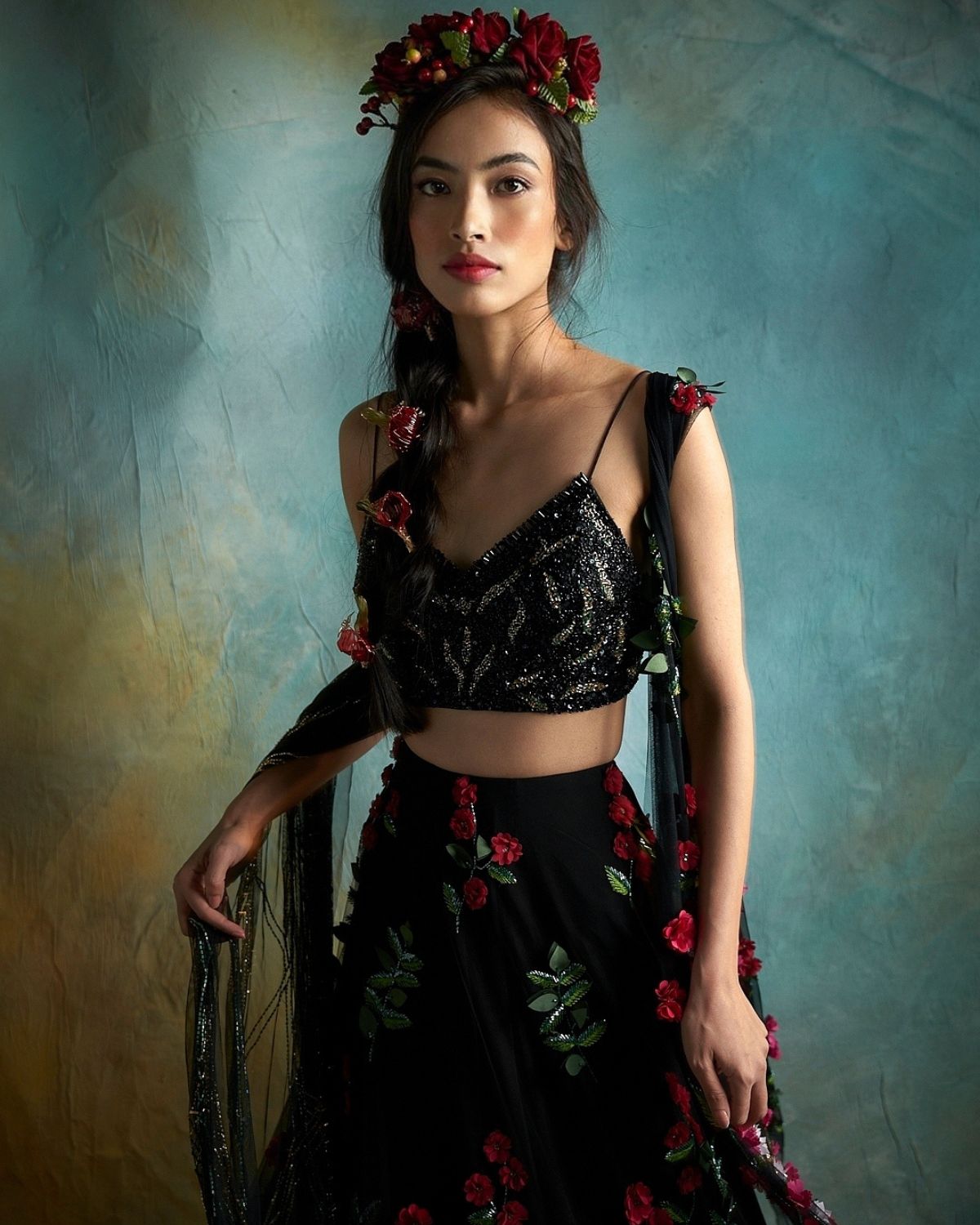 Black Petunia Lehenga Set for Women | Traditional Indian Bridal Party Wear | Elegant Chiffon Lehenga with Embroidered Blouse & Dupatta | Perfect for Weddings, Festivals & Special Occasions