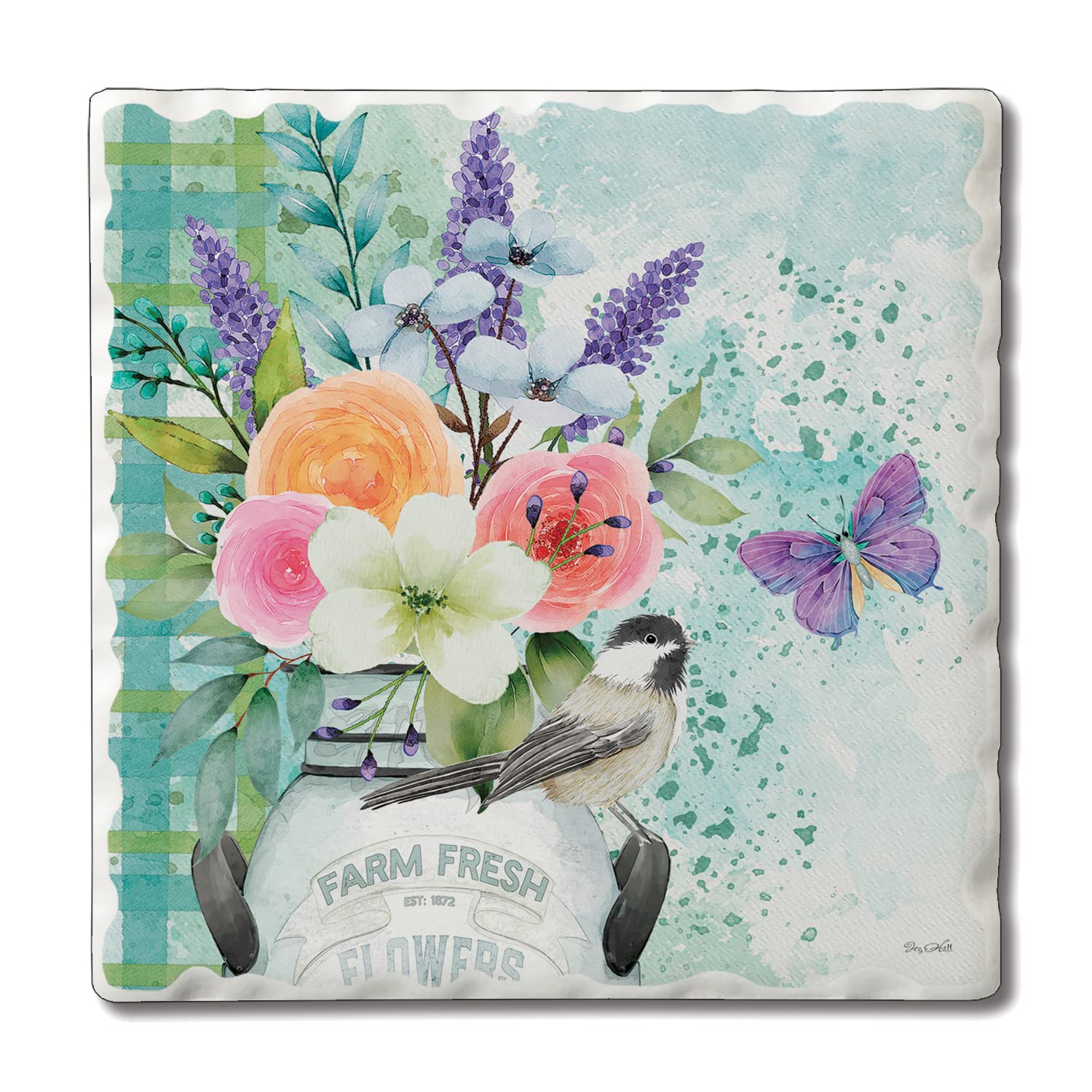 Natural Stone Coasters Set of 4 - Absorbent Tumbled Tile Drink Coasters with Farm Fresh Flower Design - Perfect for Coffee Tables, Dining Tables, and Home Decor