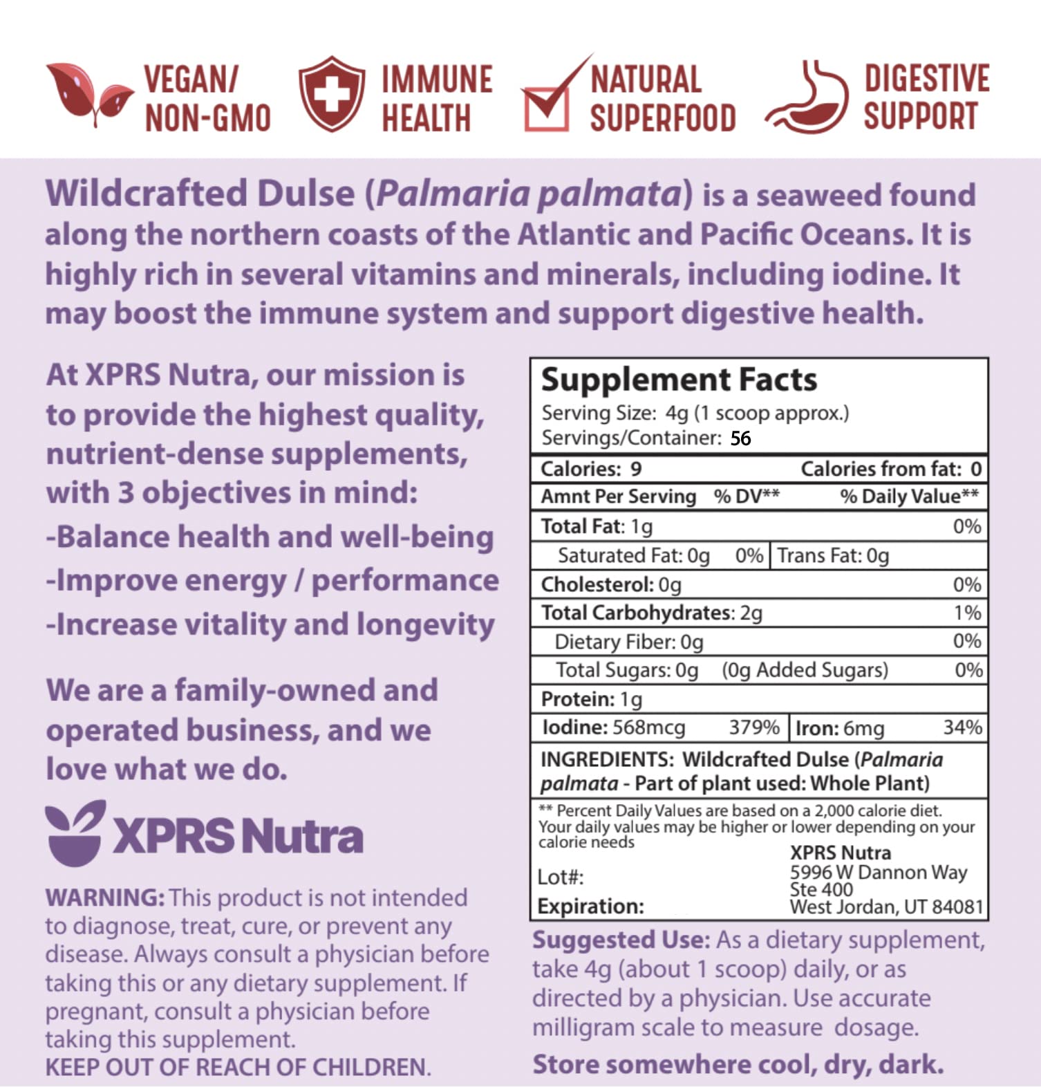 Organic XPRS Nutra Dulse Powder (Palmaria Palmata) - Wildcrafted Canadian Atlantic Seaweed from Nova Scotia - Vegan, Gluten-Free Superfood for Thyroid Support & Bone Health - 8oz Pack - Perfect for Smoothies, Soups & Seasoning