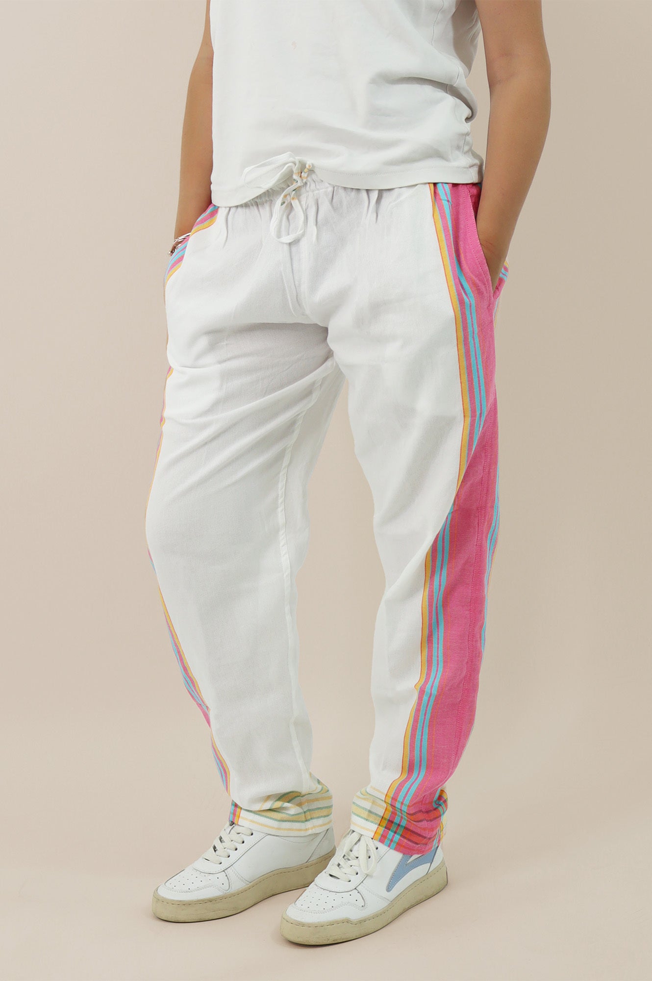 Unisex Kikoy Pants for Men & Women - Comfortable Cotton Beachwear & Lounge Pants in White & Pink - Perfect for Vacation, Yoga, and Summer Outfits