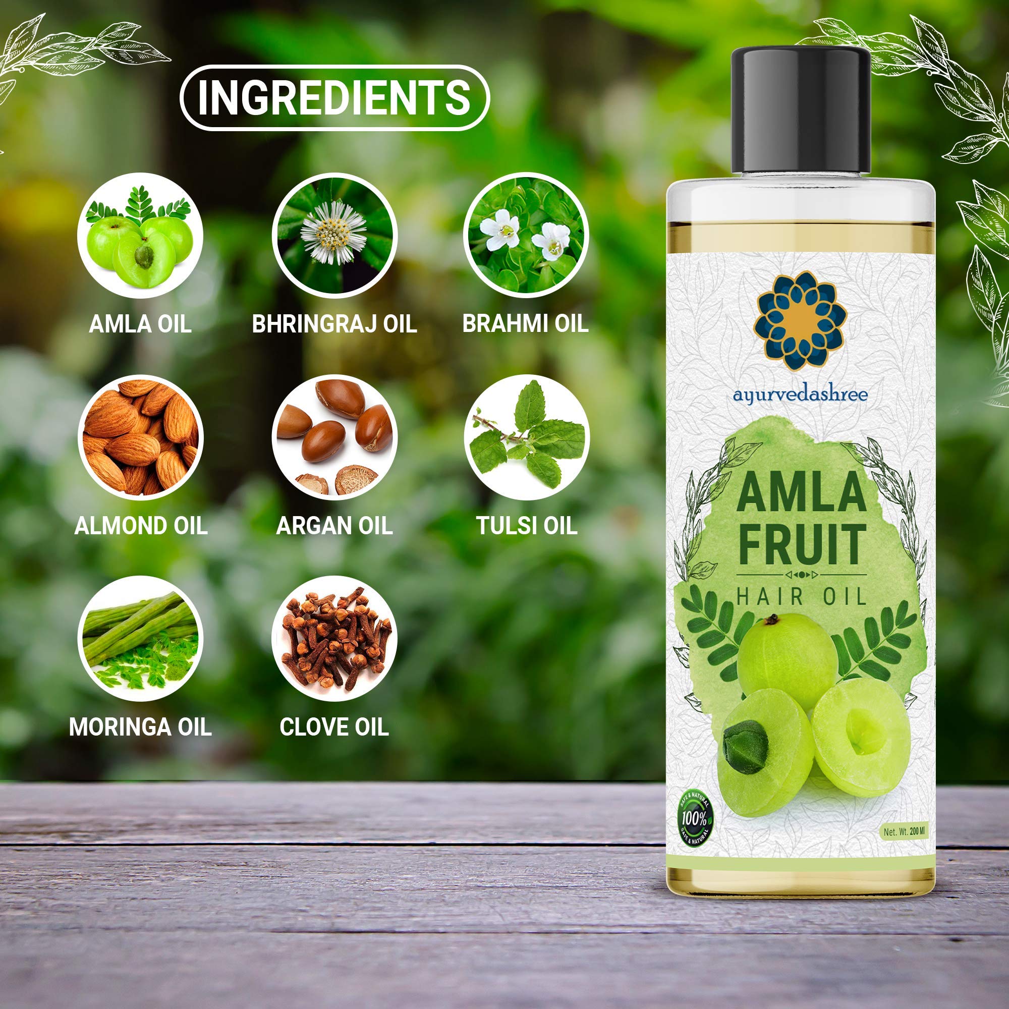 AYURVEDASHREE Amla Hair Oil 200ml - Natural Hair Growth Treatment with Bhringraj, Brahmi, Tulsi, Almond, Argan, Moringa & Clove Oils - Best for Dry, Damaged Hair & Scalp Care - Perfect for Daily Hair Nourishment & Styling