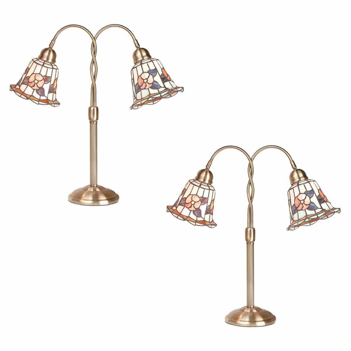 Vintage Twin Goose Table Lamp - Antique Brass Base with Floral Stained Glass Shade - 24