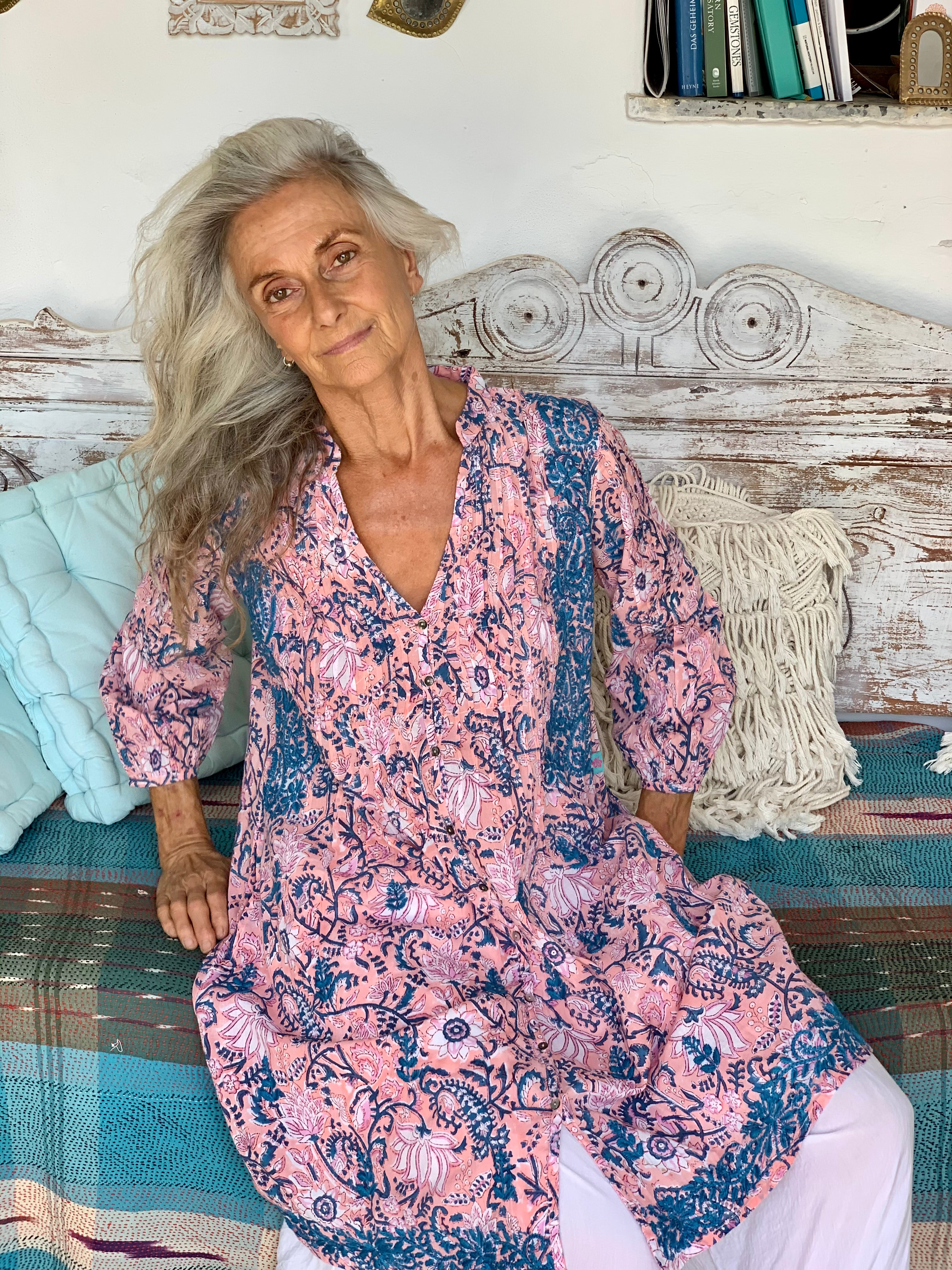 Brazilian Block Print Tunic in Rosa and Blue - Stylish Boho Summer Dress for Beach, Vacation & Casual Outings