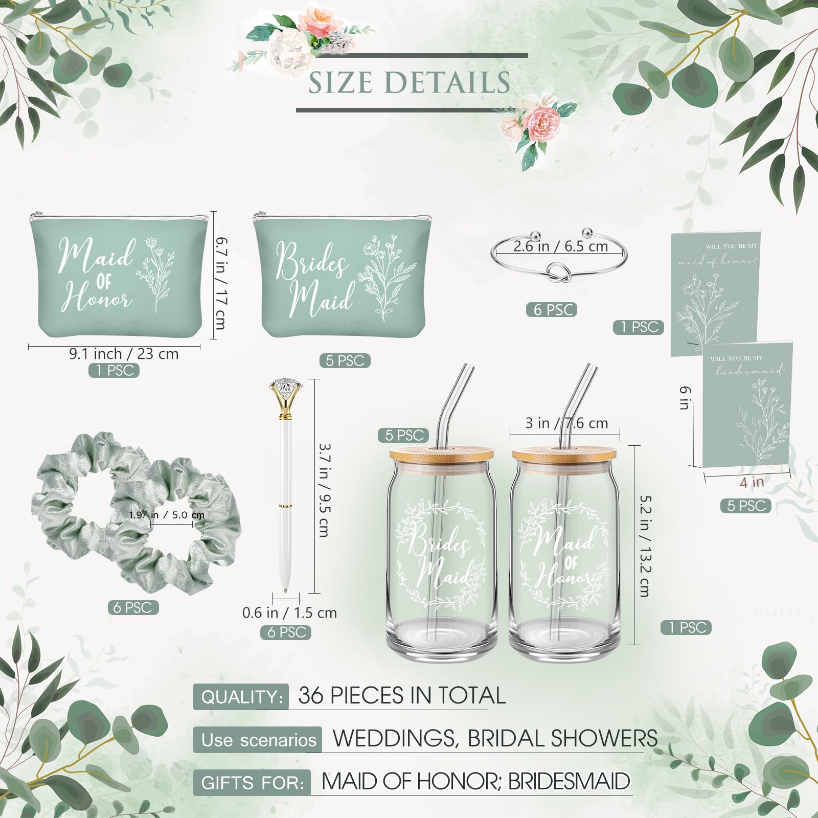 36 Pcs Bridesmaid Proposal Gift Set - 16oz Glass Cup, Cosmetic Bag, Invitation Cards, Scrunchies, Knotted Bracelet & Diamond Pen - Perfect for Wedding Showers, Bachelorette Parties & Bridesmaid Gifts (Green)