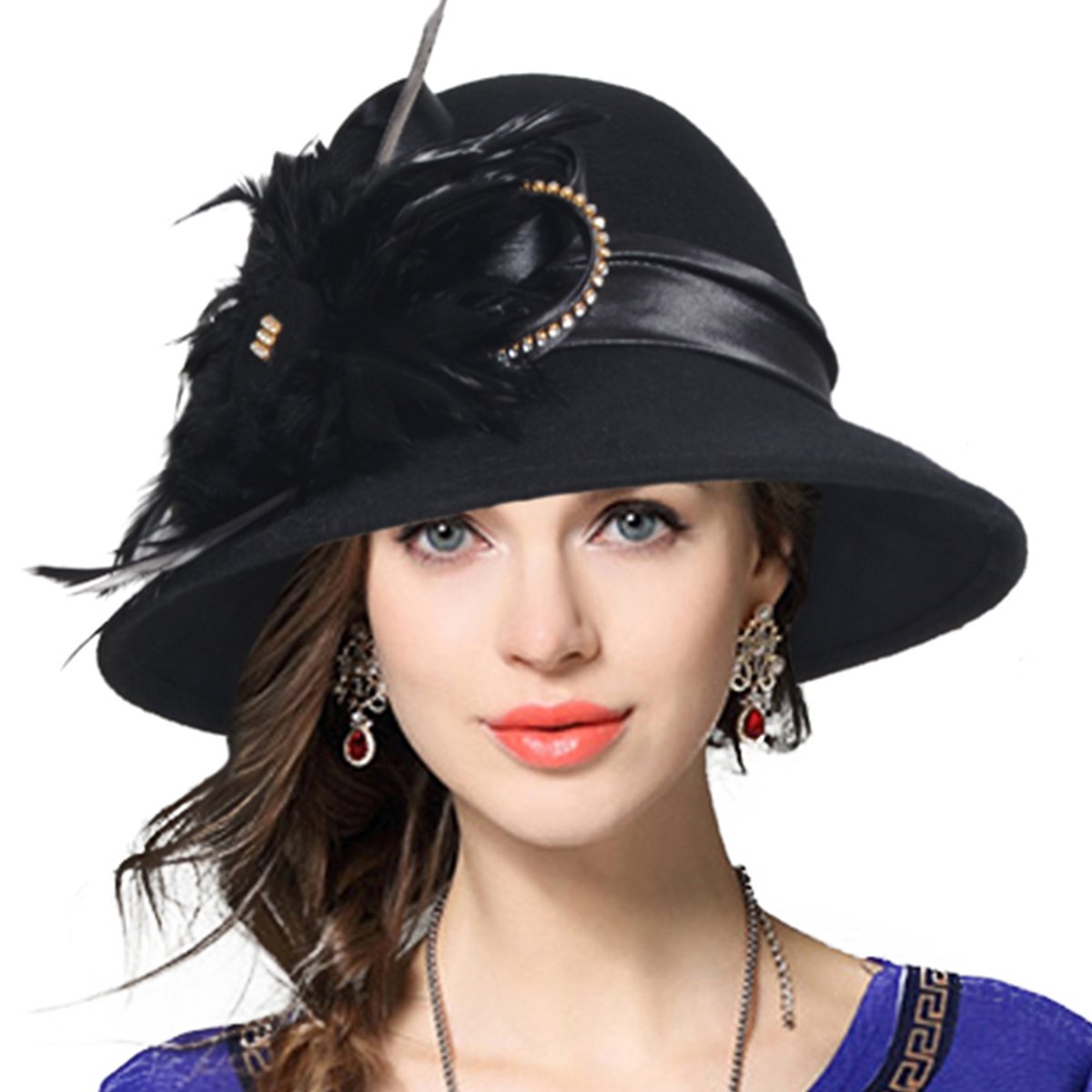 VECRY Women's Wool Cloche Hat - Elegant Church Dress Hat with Plumy Felt Design for Winter - Perfect for Church, Weddings, and Cold Weather Fashion