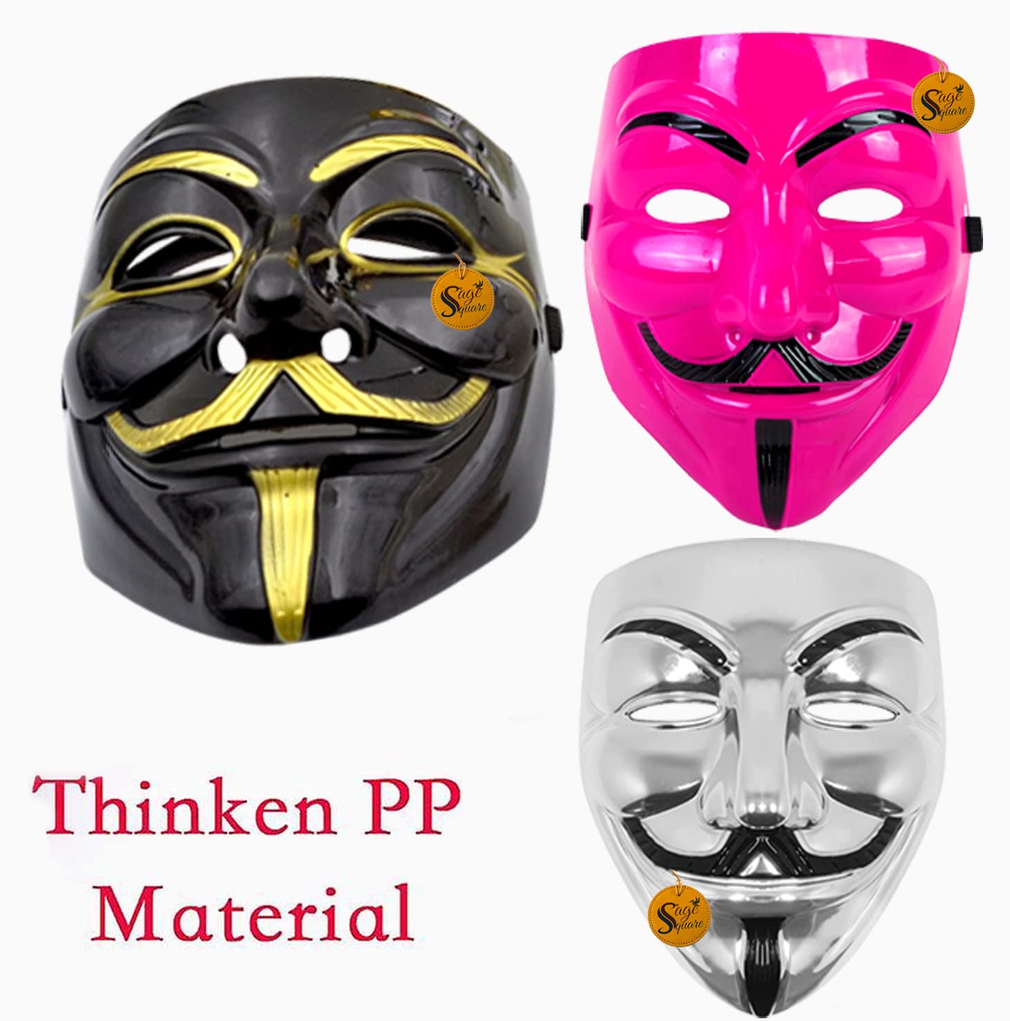 V for Vendetta Face Mask Set of 3 - Sage Square Black, Pink & Silver Anonymous Cosplay Mask | Perfect Fit for Halloween, Protests & Movie Costumes
