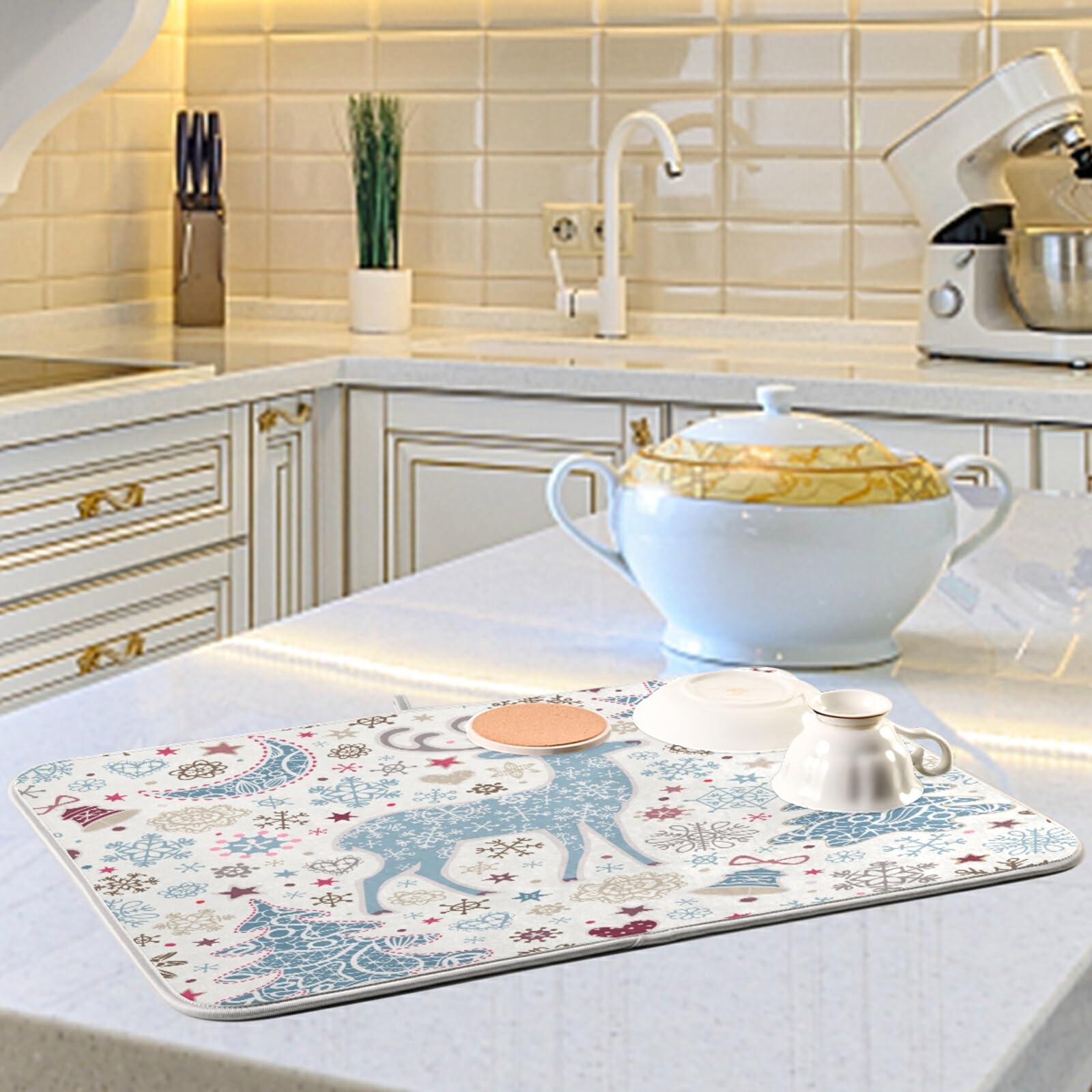 Blue Christmas Deer Kitchen Dish Drying Mat - 16x18 Inch Absorbent Microfiber Countertop Drying Pad, Dish Rack & Drainer Mat - Perfect for Holiday Decor & Daily Dish Drying