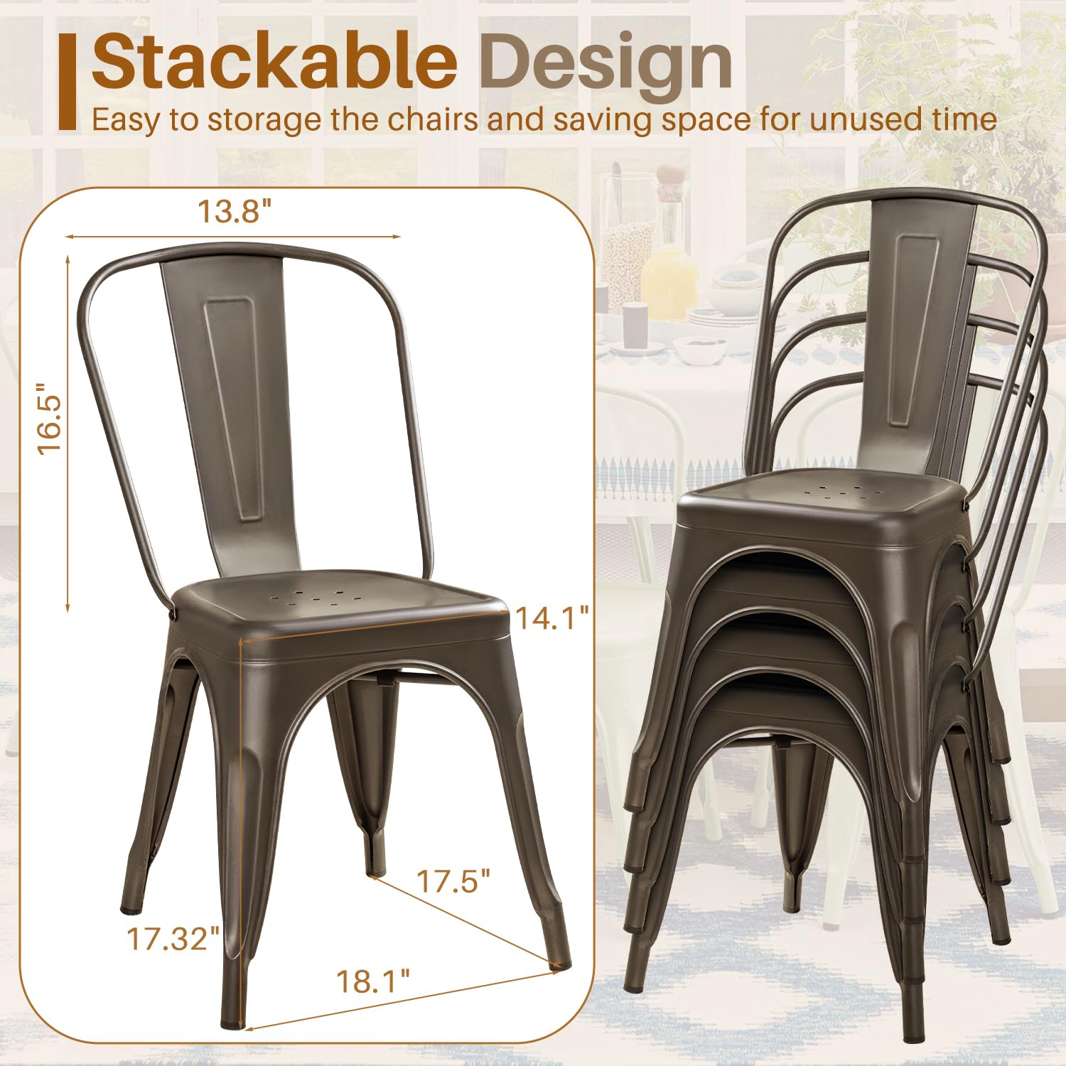 Furmax 4-Pack Stackable Metal Dining Chairs - Indoor & Outdoor Use, Classic Trattoria Style Bistro Cafe Chairs, Gunmetal Finish - Perfect for Restaurants, Patios, Kitchens & Small Spaces