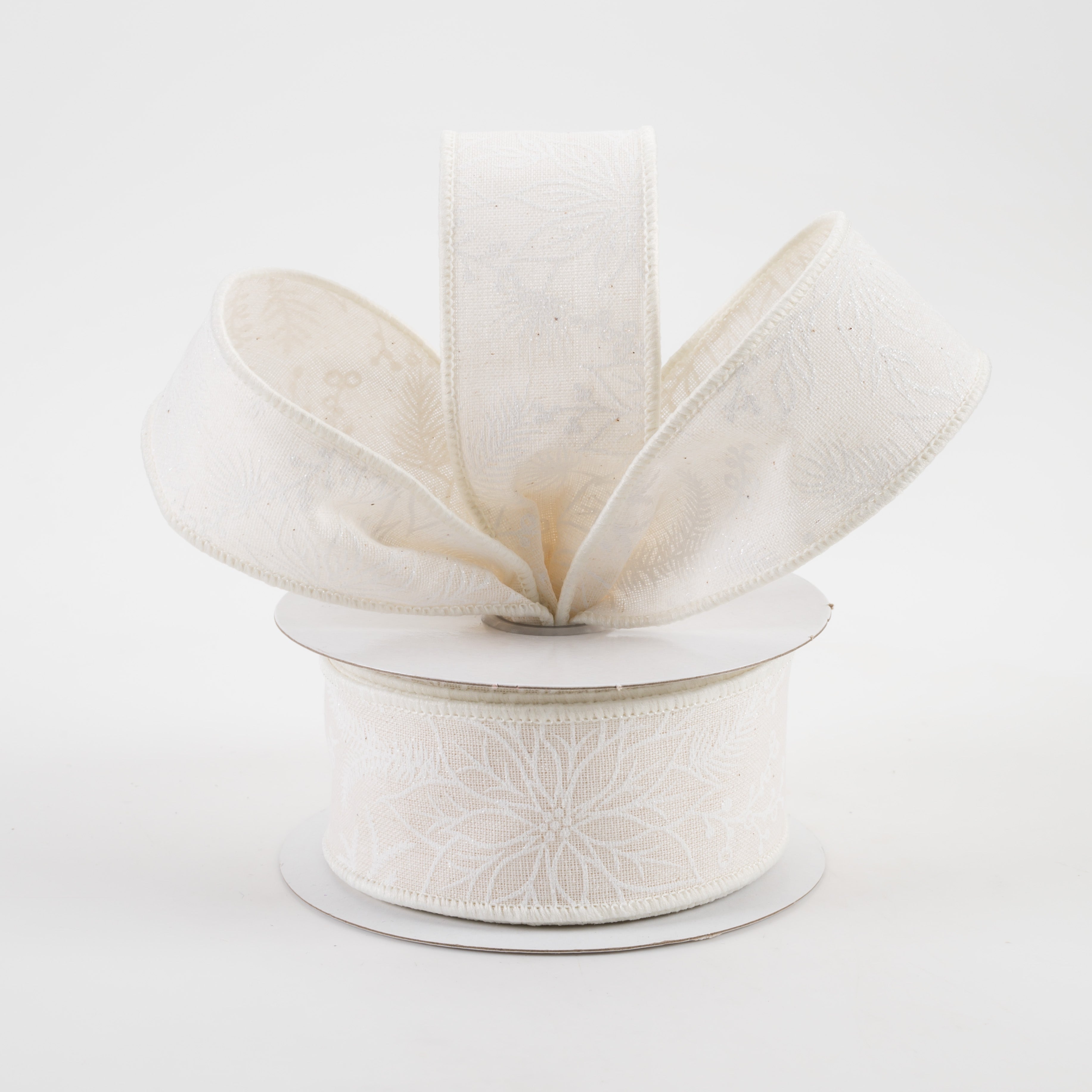 1.5 Inch Glitter Poinsettias Canvas Ribbon - Ivory & White Christmas Decorative Ribbon (10 Yards) for Gift Wrapping, Tree Trimming, and Holiday Crafts