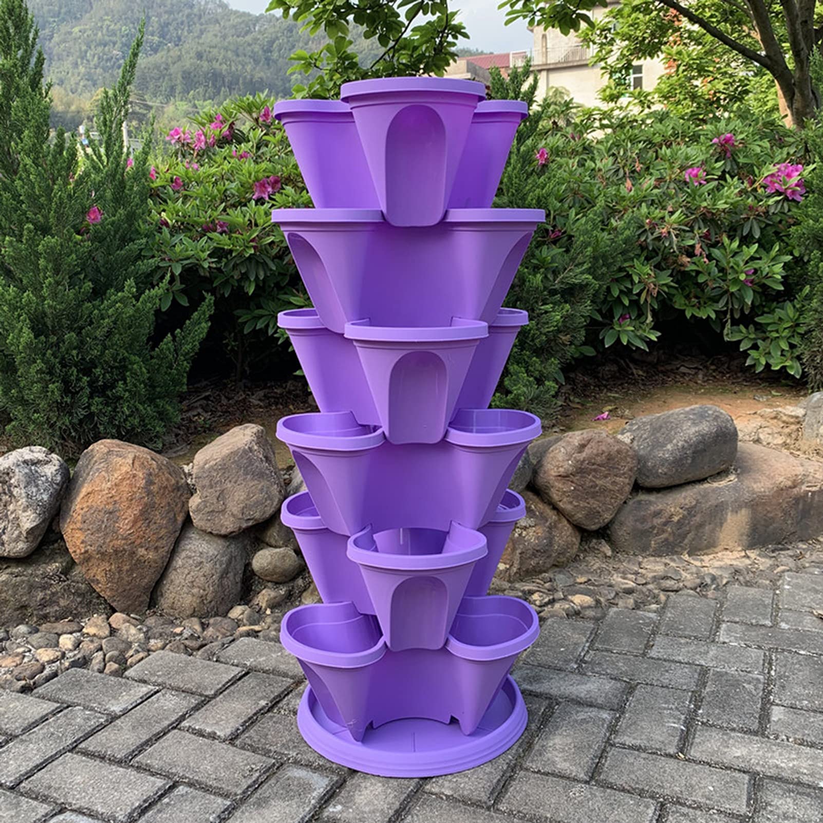 6-Tier Stackable Flower Tower Pots for Strawberries, Herbs & Vegetables - Indoor/Outdoor Vertical Gardening Planter with Self-Watering System & Mobile Tray - Perfect for Balcony, Patio & Small Space Gardening