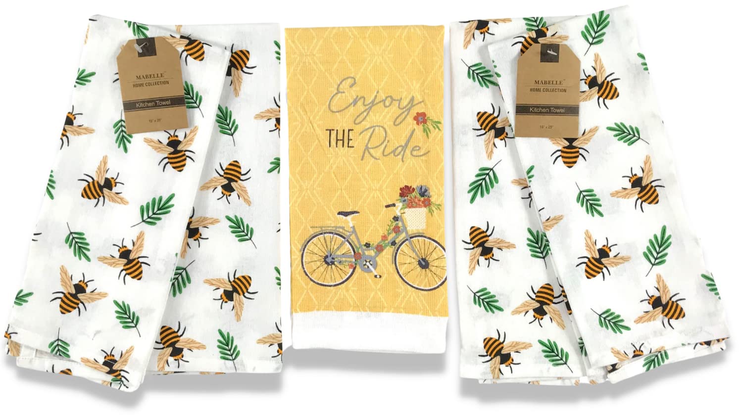 Serafina Home Fun Novelty Bee Kitchen Towels Set - Honey Bees & Green Leaf Print Cotton Dish Towels with Hanging Loops | Farmhouse & Cottage Decor | Perfect for Baking, Cooking & Kitchen Decor