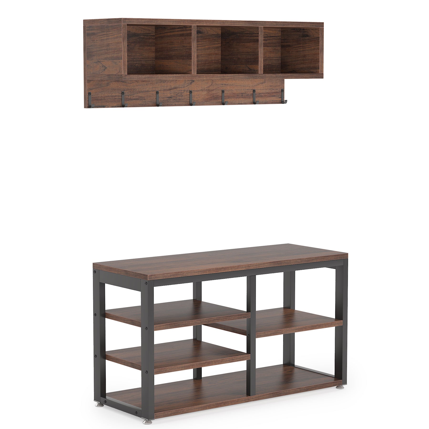 5 in 1 Coat Rack Shoe Bench Set with Wall Mounted Shelf - Space Saving Entryway Organizer for Hats, Bags & Shoes | Perfect for Hallway, Mudroom or Foyer Decor