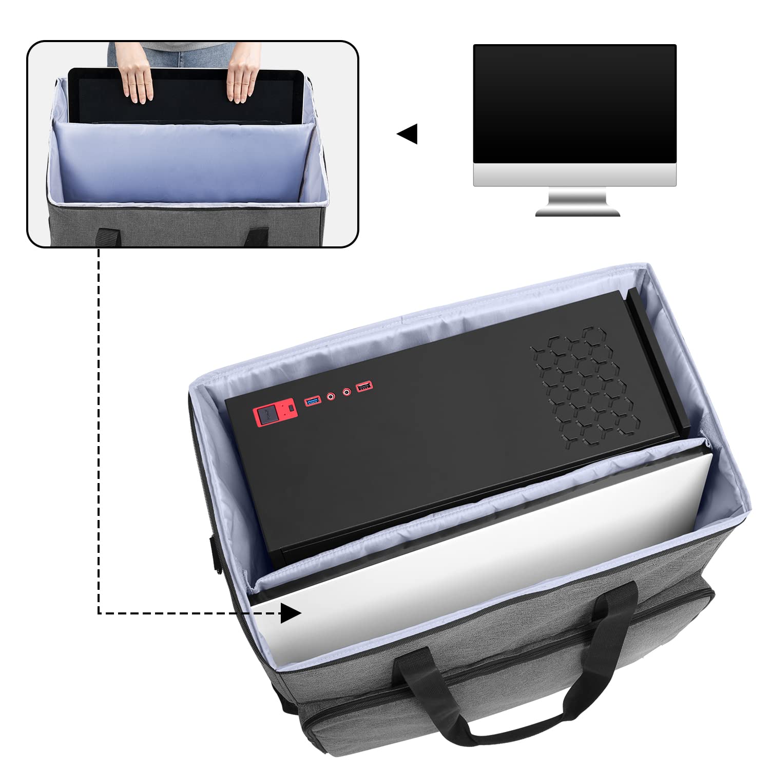 CURMIO Desktop Computer Tower & Monitor Travel Carrying Case - Portable Tote Bag for PC Chassis, Screen, Keyboard, Cables & Mouse - Perfect for LAN Parties, Office Relocation & Tech Conventions (Grey)
