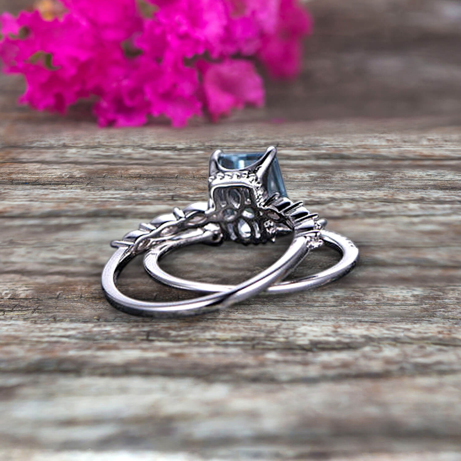 1.50 Carat Emerald Cut 10k White Gold Aquamarine Engagement Ring & Wedding Band Set - Perfect for Proposals, Anniversaries & Bridal Jewelry Gifts