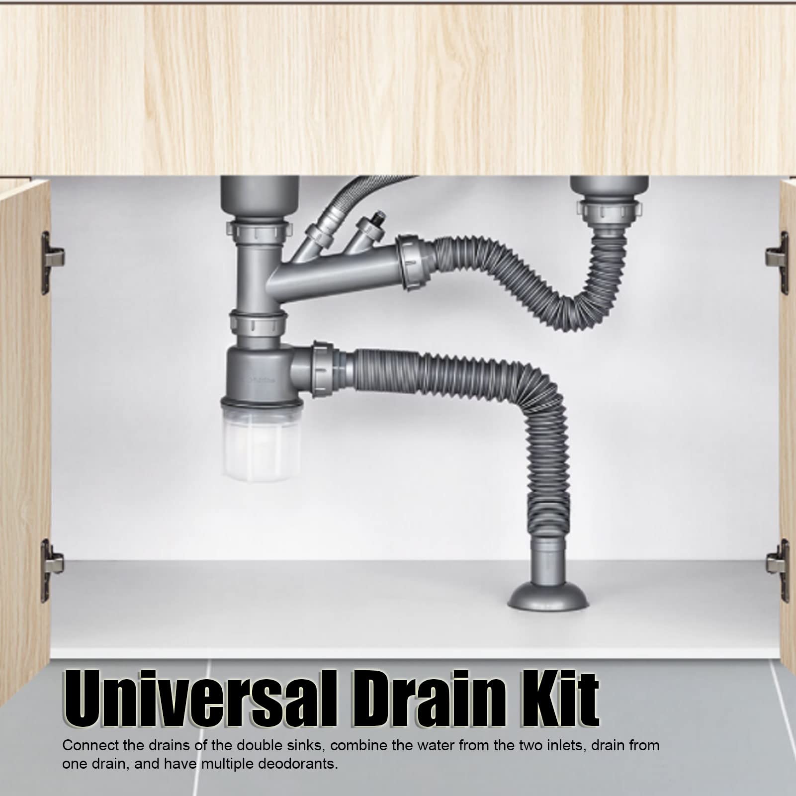 Kitchen Sink Double Hose Drain with Multiple Deodorizers, Fast Drainage Expandable Design, PP PVC Stainless Steel Materials for Kitchen Sinks - Ideal for Home and Commercial Use