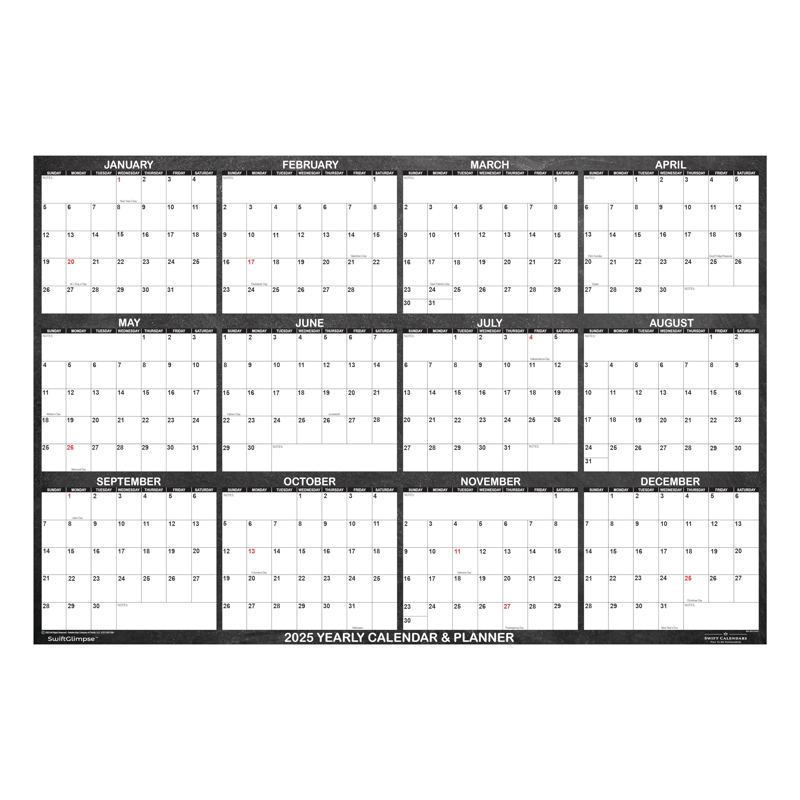 2025 SwiftGlimpse Wall Calendar - 24x36 Inch Large Erasable Yearly Planner | Designer Series Chalkboard Style | Perfect for Home, Office & Classroom Organization