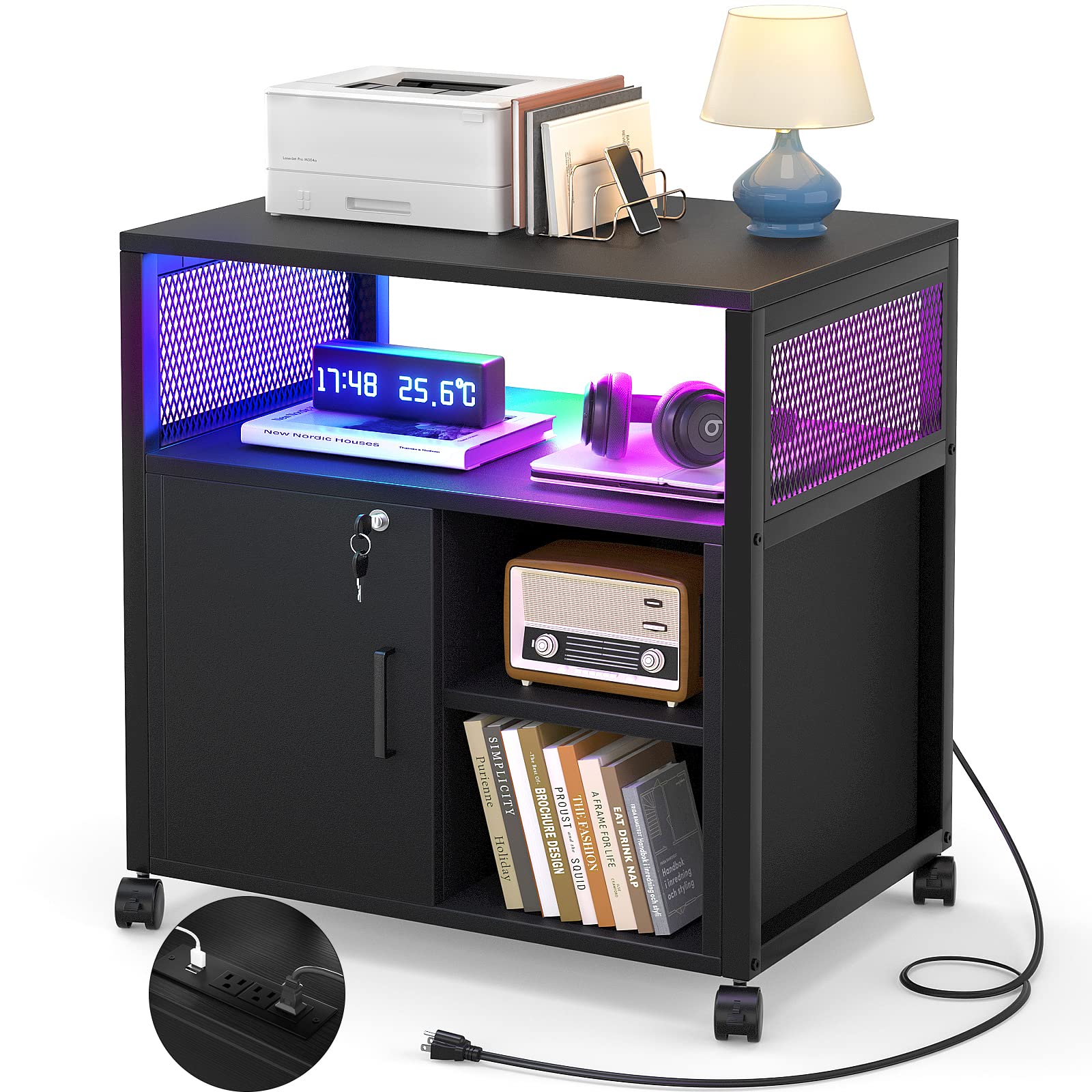 Unikito LED File Cabinet with Power Outlets & USB Ports - Mobile Printer Stand with Storage - Office Lateral Filing Cabinet for Letter/A4/Legal Size Documents - Black - Perfect for Home Office & Workspace Organization