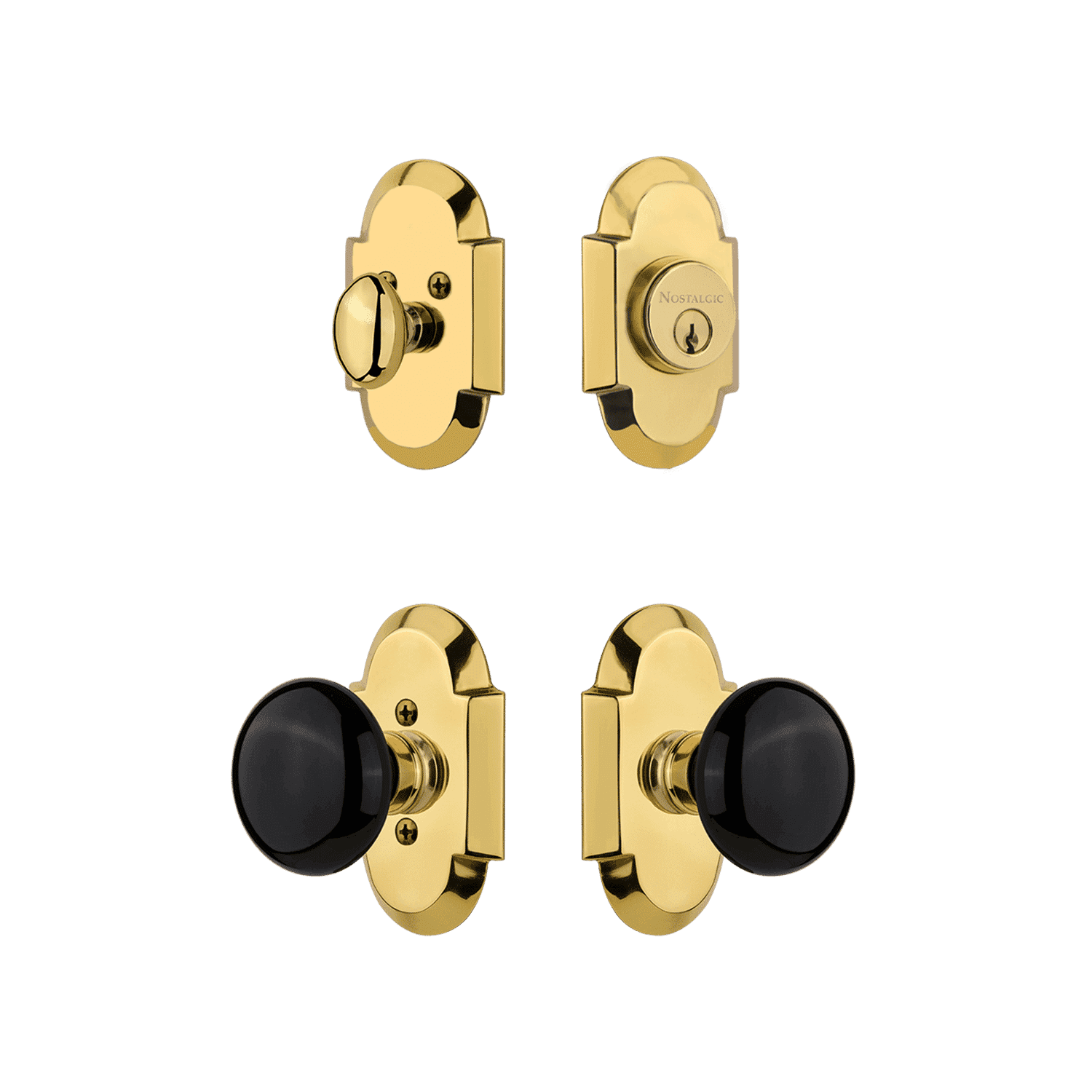 Vintage Cottage Entry Door Set with Black Porcelain Knob in Polished Brass - Classic Hardware for Farmhouse, Victorian & Rustic Home Exteriors
