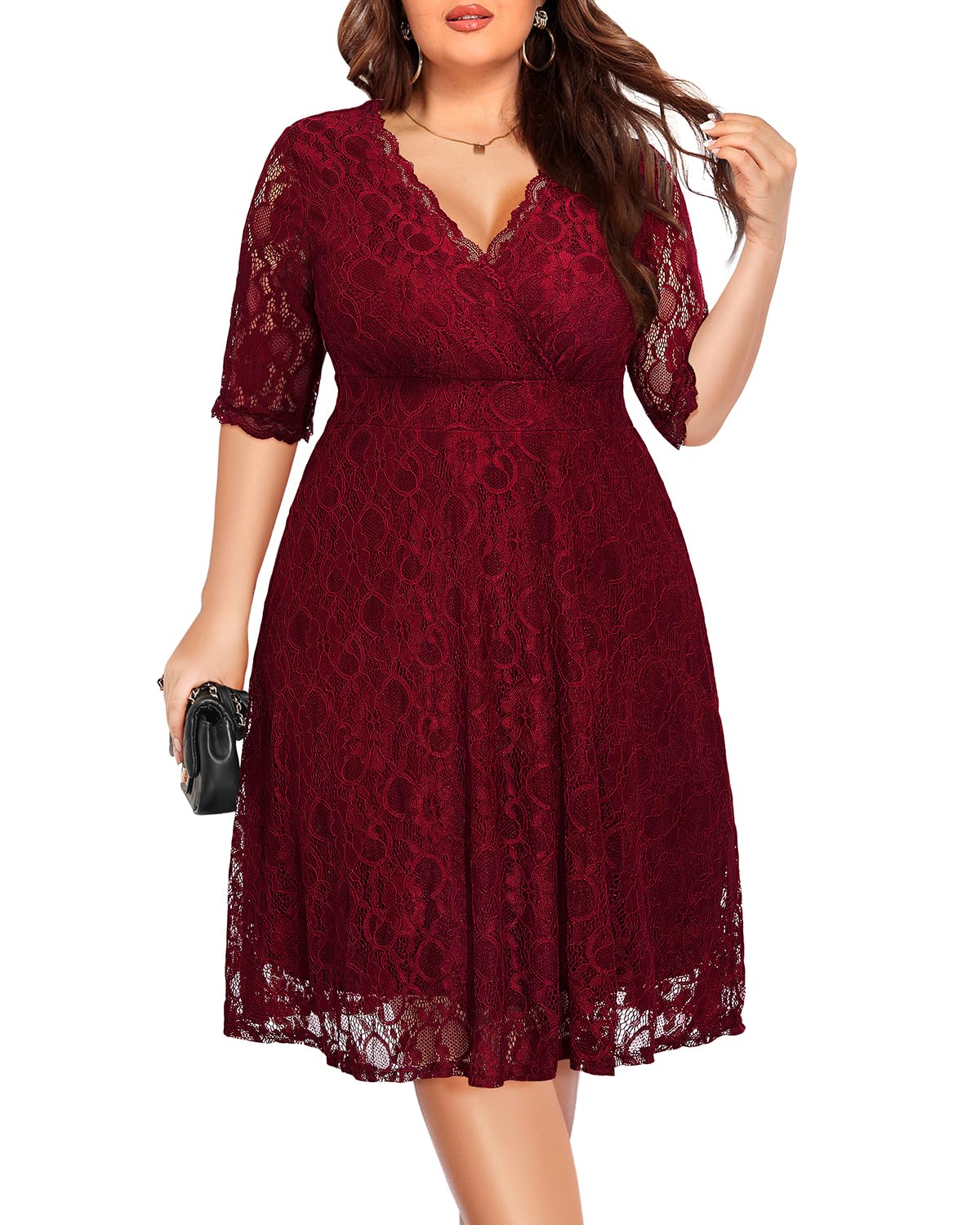 Plus Size Wedding Guest Dress for Women - Elegant Lace Wrap V-Neck Knee Length Cocktail Party Dress | Perfect for Semi-Formal Occasions, Bridal Showers & Special Events