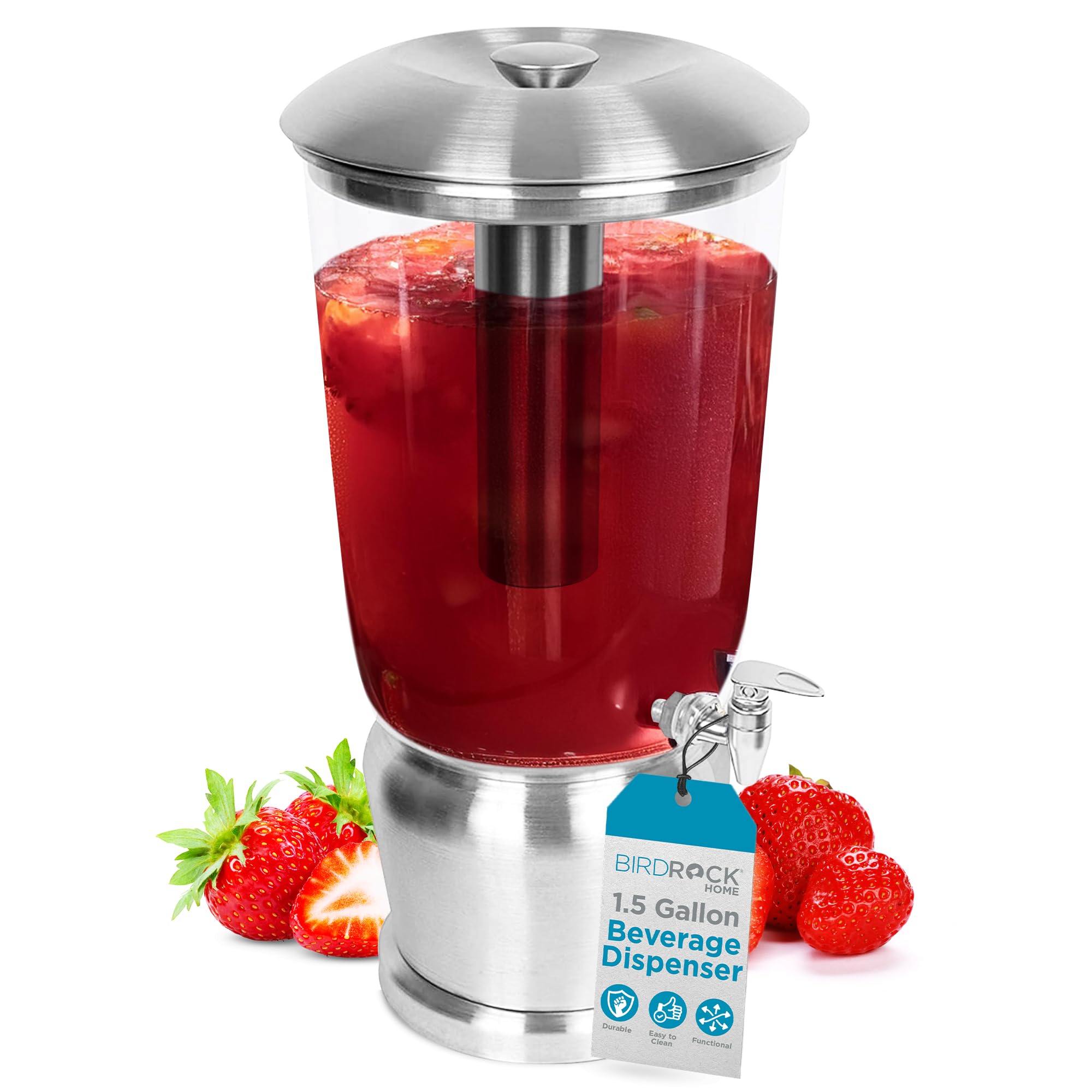 BirdRock Home 1.5 Gallon Stainless Steel Beverage Dispenser with Ice Core, Stand & Spigot - Round BPA-Free Clear Acrylic Drink Dispenser for Parties, BBQs, and Outdoor Events