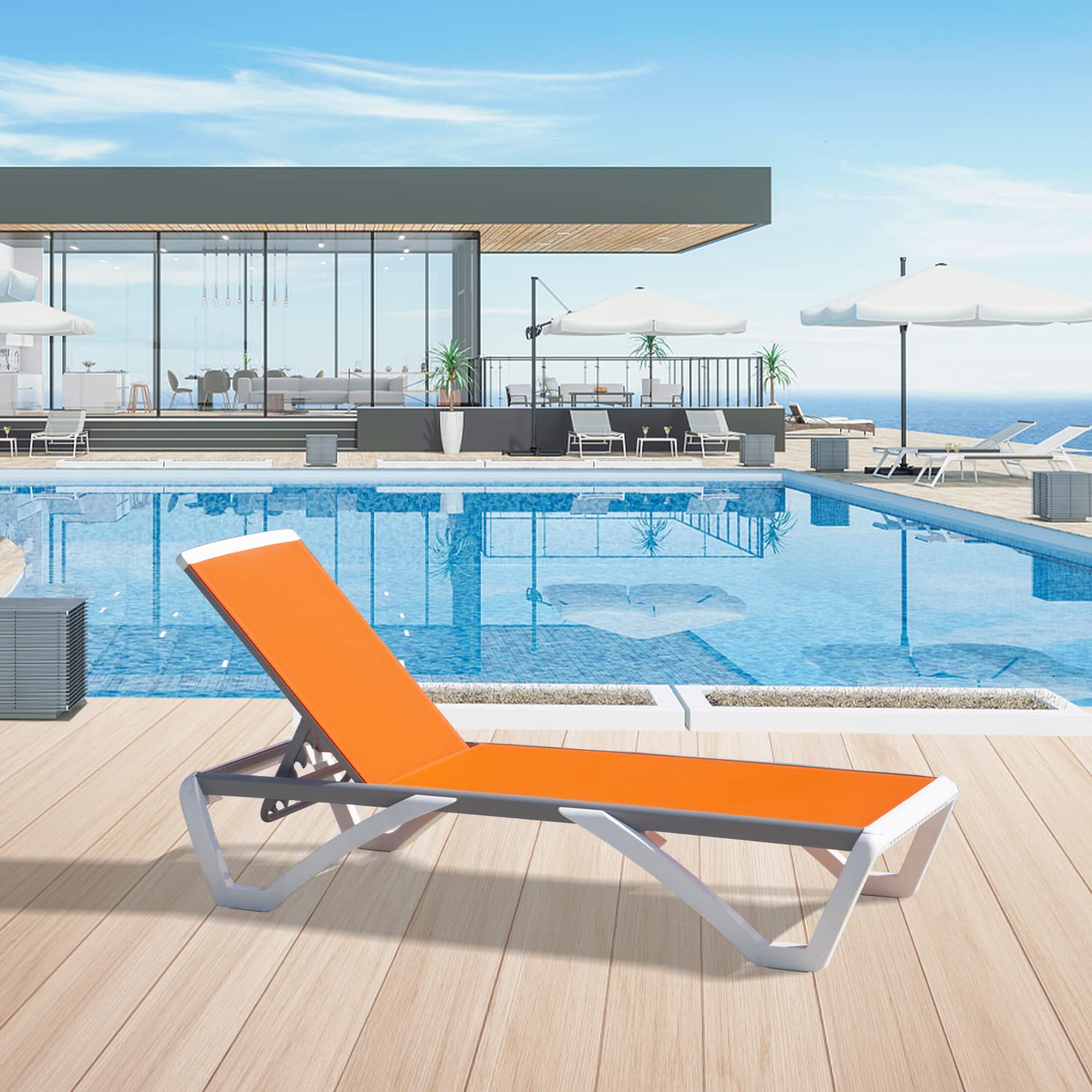 Premium Adjustable Aluminum Pool Lounge Chair - All-Weather Textilene Outdoor Chaise Lounge for Deck, Lawn & Backyard (Orange) - Perfect for Sunbathing, Poolside Relaxation & Outdoor Lounging