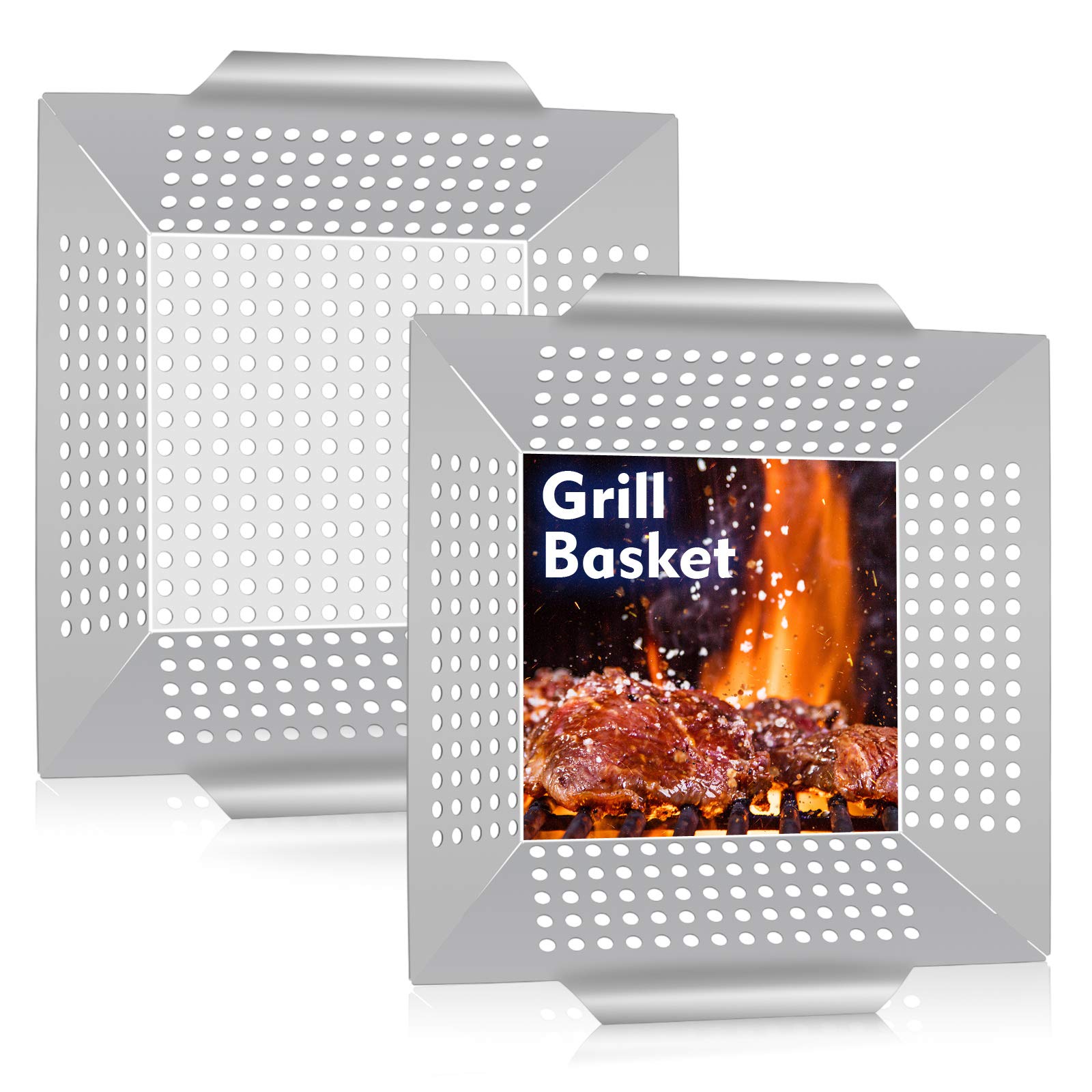 8” Stainless Steel Grilling Basket Set of 2 - Heavy Duty BBQ Grill Wok for Vegetables, Kabobs, Shrimps - Universal Fit for All Grills, Dishwasher Safe - Perfect for Backyard BBQs, Camping & Outdoor Cooking