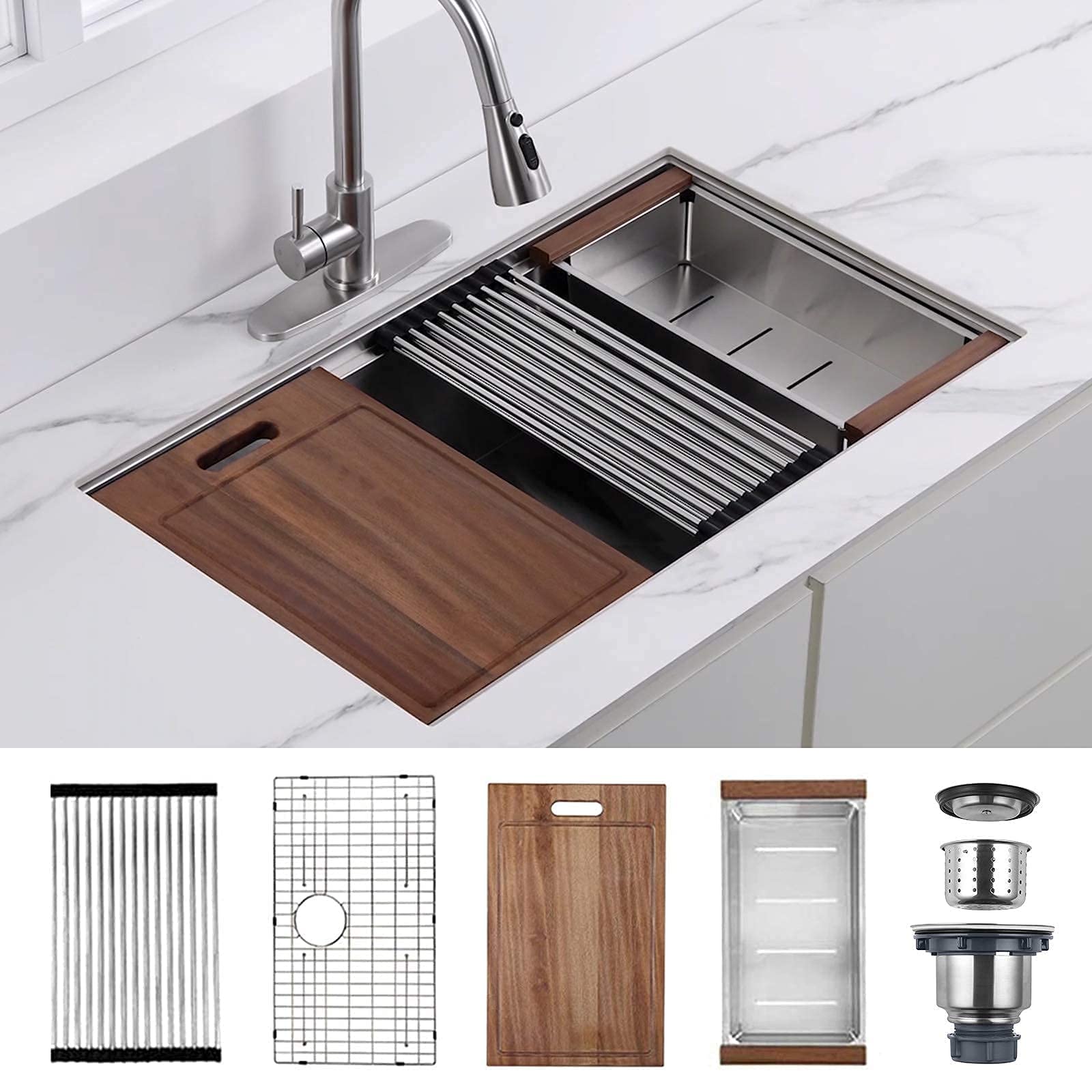 Hausinluck 30 Inch Undermount Kitchen Sink - 18 Gauge Stainless Steel Single Bowl Workstation Sink with R10 Corner, Ledge & Accessories (5-Pack) | Perfect for Modern Kitchens, Restaurants & Commercial Use