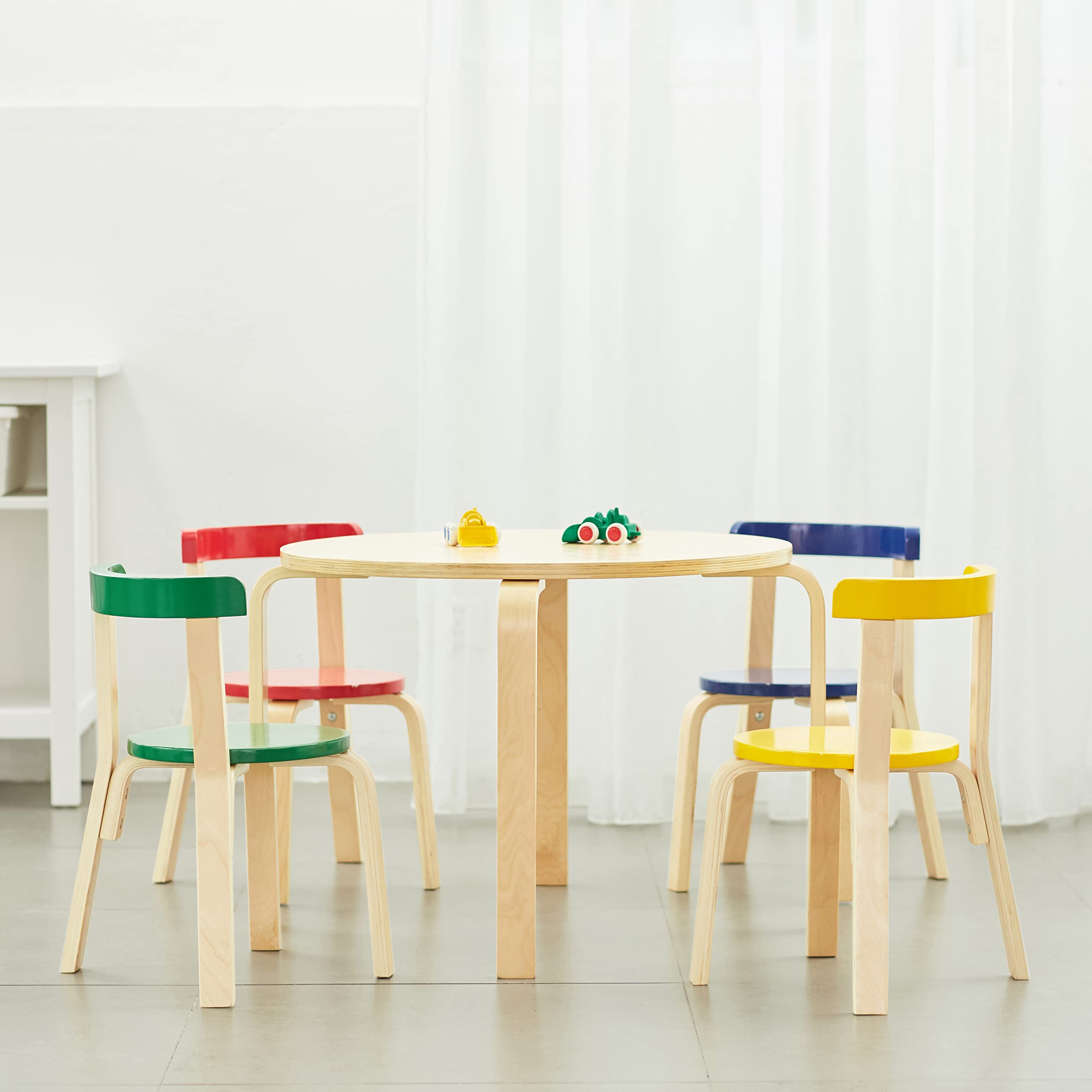 ECR4Kids Bentwood Round Table and Curved Back Chair Set - 5-Piece Kids Furniture for Classroom, Playroom & Daycare - Natural Wood Children's Table & Chairs for Learning & Play Activities