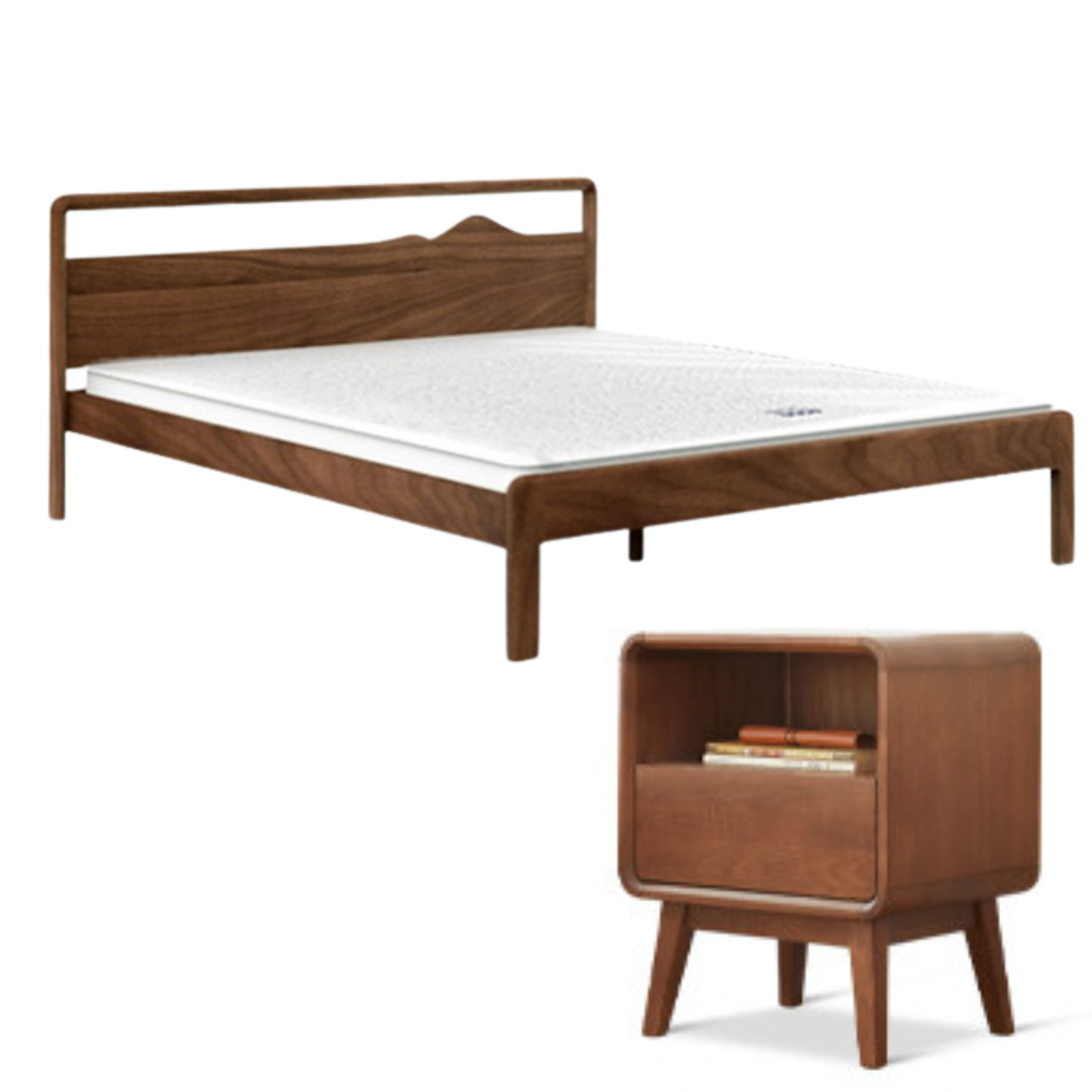 Rich Dark Walnut color North American black walnut bed High-rise version suitable + bedside table x 2