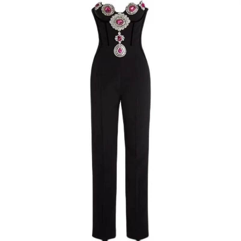 2024 New Fashion Sparkly Crystal Strapless Bodycon Bandage Jumpsuit for Women - Sexy Runway, Nightclub & Party Wear - Perfect for Clubbing, Date Nights & Special Occasions