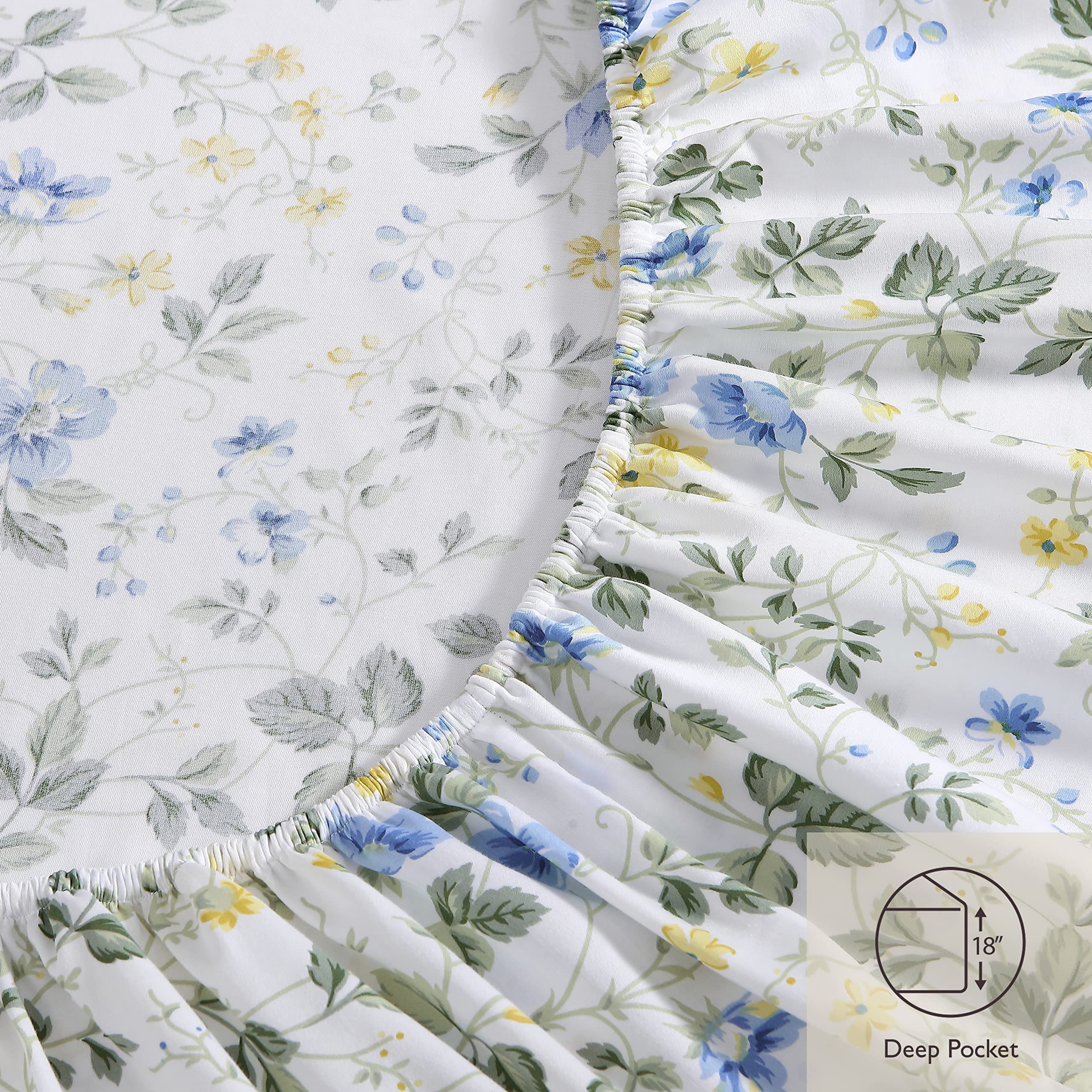 Laura Ashley Home - Queen Size 4-Piece Sateen Cotton Bedsheet Set | Ultra Soft & Breathable Bedding | Meadow Floral Blue Design | Perfect for Master Bedroom, Guest Room & Vacation Homes