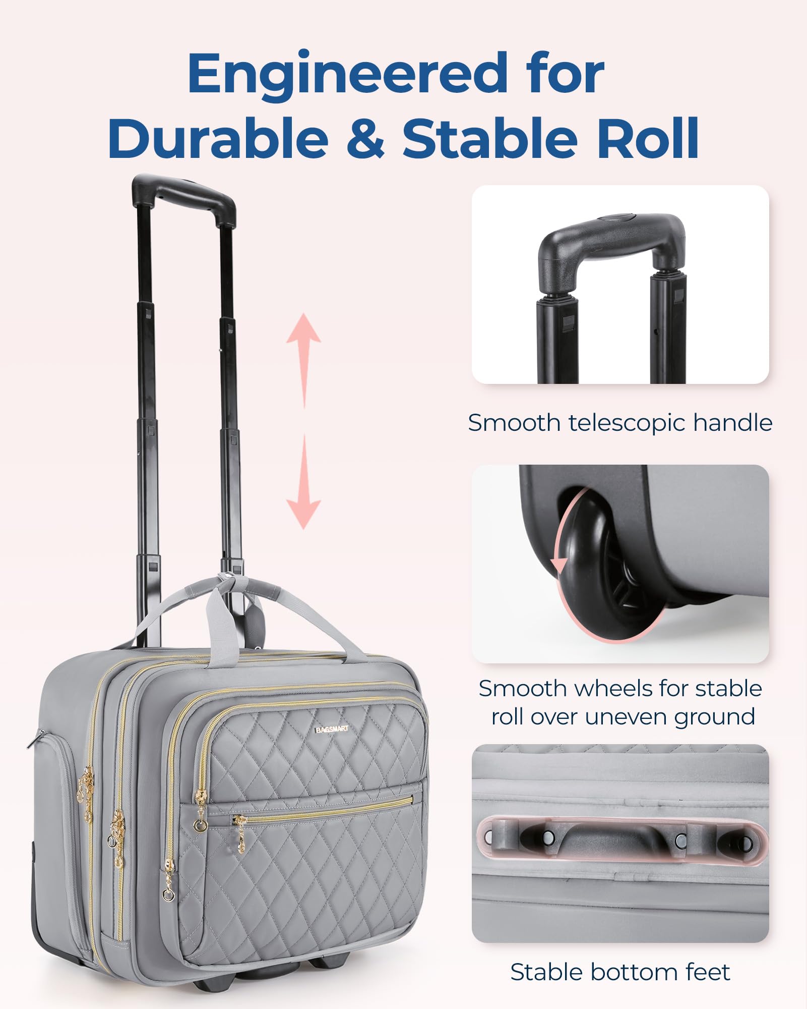 BAGSMART Women's Rolling Laptop Bag - 15.6 Inch Rolling Briefcase with TSA Lock, Underseat Carry-On Luggage for Travel, Work, and Business - Perfect for Commuting, Airports, and Office Use, Gray