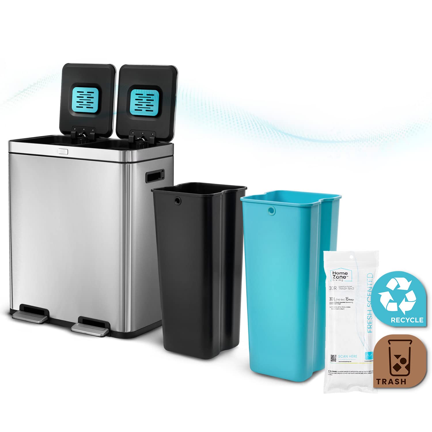 Home Zone Living 15.8 Gallon Stainless Steel Kitchen Trash Can with Dual Removable Liners - Perfect for Recycling & Waste Separation | Ideal for Modern Kitchens, Offices & Eco-Friendly Homes