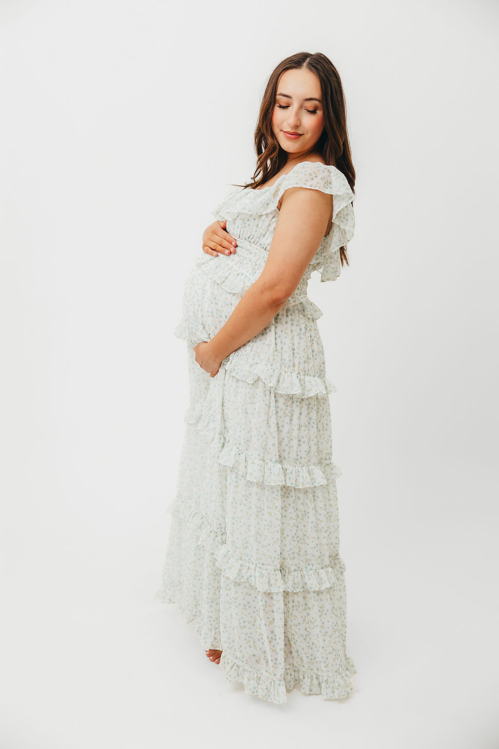 Astrid Ruffle Detail Maxi Dress in Sage Floral - Bump Friendly Maternity Dress for Pregnancy, Nursing & Special Occasions | Flowy Summer Dress for Beach, Wedding & Vacation