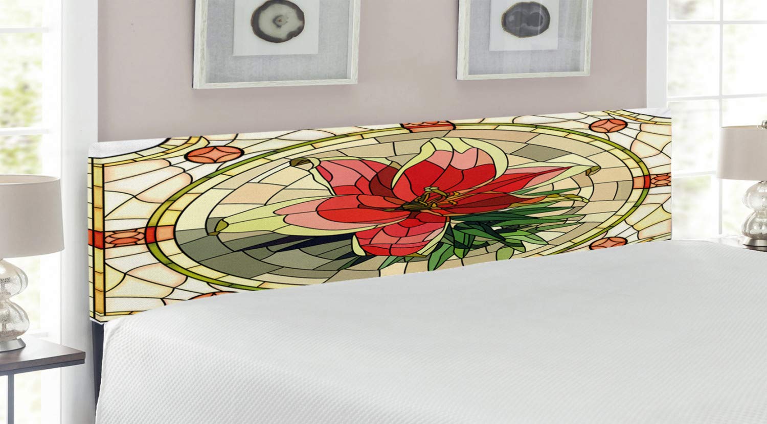 Ambesonne Floral Upholstered Headboard - King Size Metal Bed Frame with Memory Foam & Antique Lily Design | Decorative Bedroom Furniture for Master Suite, Guest Room & Luxury Home Decor