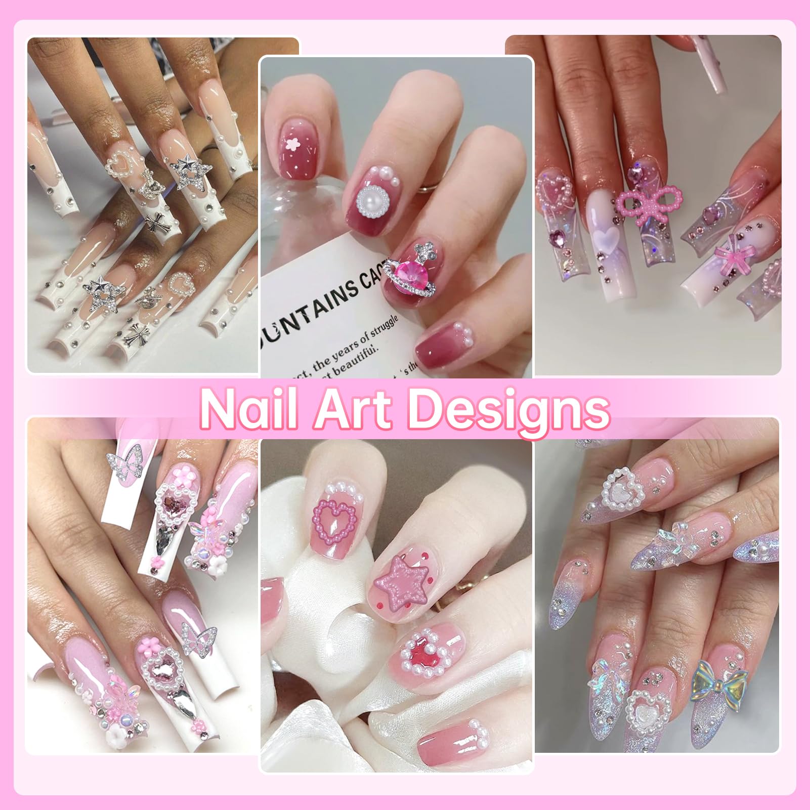 3D Nail Charms and Gems - 24 Pcs Chunky Star Heart Planet Butterfly Alloy Rhinestone Charms with Pink White Flowers, Bows, Hollow Stars, Moon Pearls for Acrylic Nail Art DIY | Perfect for Nail Salon, Home Manicure, Party Nail Designs and Gift Giving