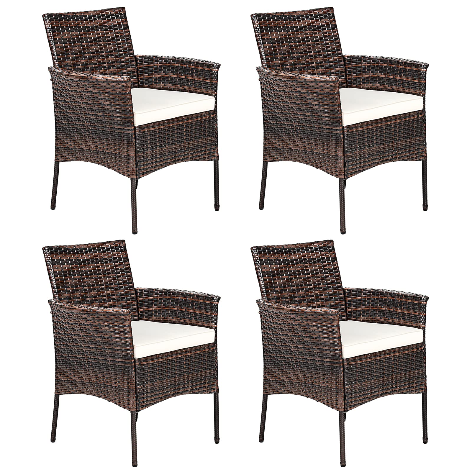 RELAX4LIFE 4-Piece Wicker Patio Chairs Set - PE Rattan Armchairs with Cane Back & Seat Cushions - 360LBS Weight Capacity - Indoor/Outdoor Dining Chairs for Bistro, Porch, Poolside, Garden (Brown+Beige, 4 Pack) - Perfect for Outdoor Entertaining & Relaxation