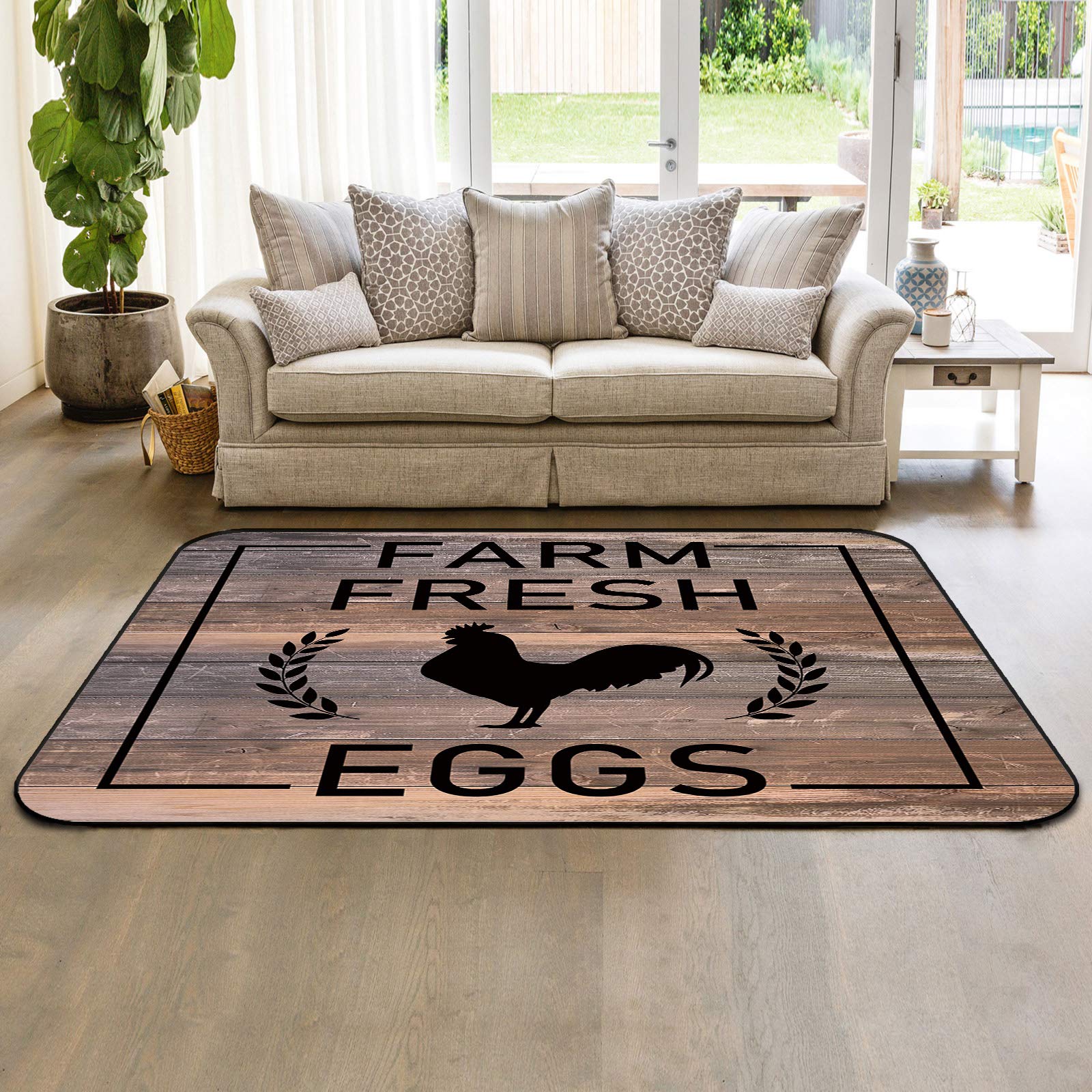 3' x 5' Modern Large Area Rugs - Soft Nursery Carpet for Kids' Room, Farmhouse Chicken Egg Design Indoor/Outdoor Throw Rug for Living Room, Bedroom - Rustic Brown Wood & Wheat Pattern - Perfect for Farmhouse Decor, Cozy Nursery, and Country Style Homes