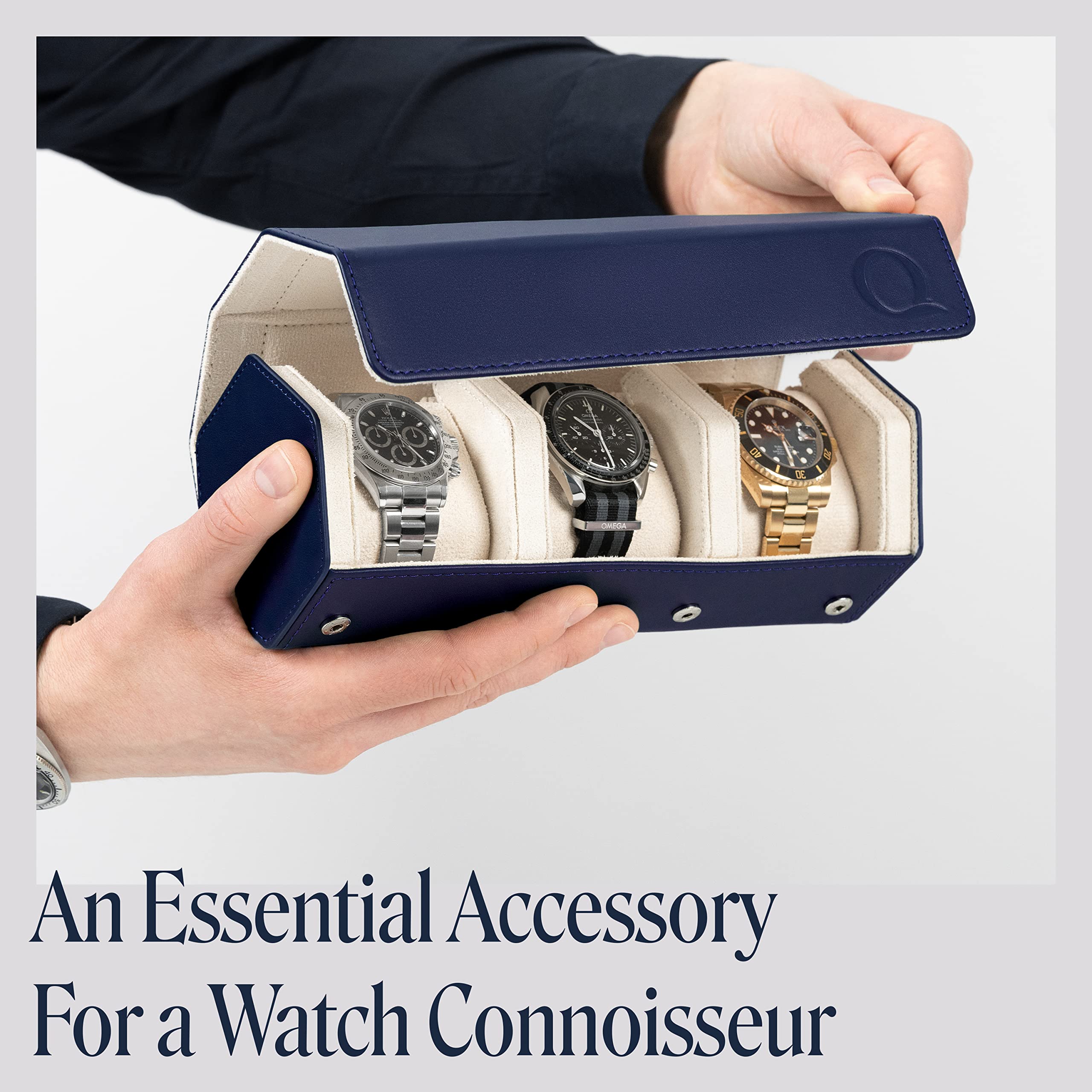 Premium Napa Leather Watch Roll for Men - Hexagon Triple Watch Travel Case Holds 3 Watches - Genuine Leather Storage Organizer with Velvet Lining (Blue/Cream) - Perfect for Travel, Business Trips & Watch Collection Display