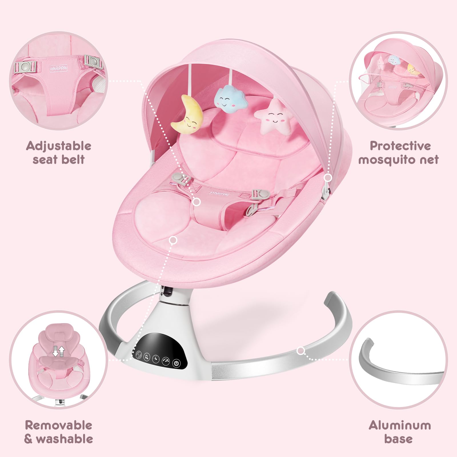 HARPPA Electric Baby Swing for Infants & Toddlers - Portable Motorized Bluetooth Baby Swing with 12 Lullabies & Music Speaker - Newborn Swing for Boys & Girls (Pink) - Perfect for Nursery, Travel & Soothing Fussy Babies