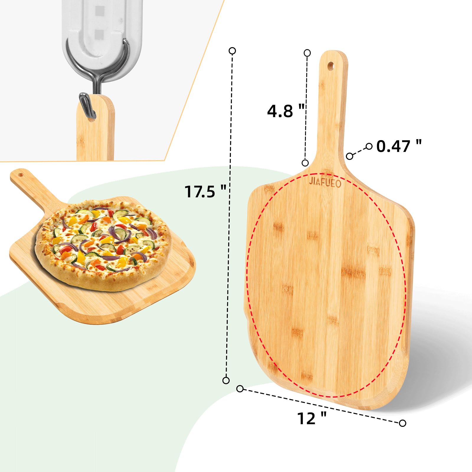 12 Inch Bamboo Pizza Peel - Wooden Pizza Paddle & Spatula for Baking Homemade Pizza, Oven Accessory - Also Perfect as Wood Cutting Board for Cheese, Bread, Fruits & Vegetables - Ideal for Home Kitchens, Pizzerias & Outdoor Cooking