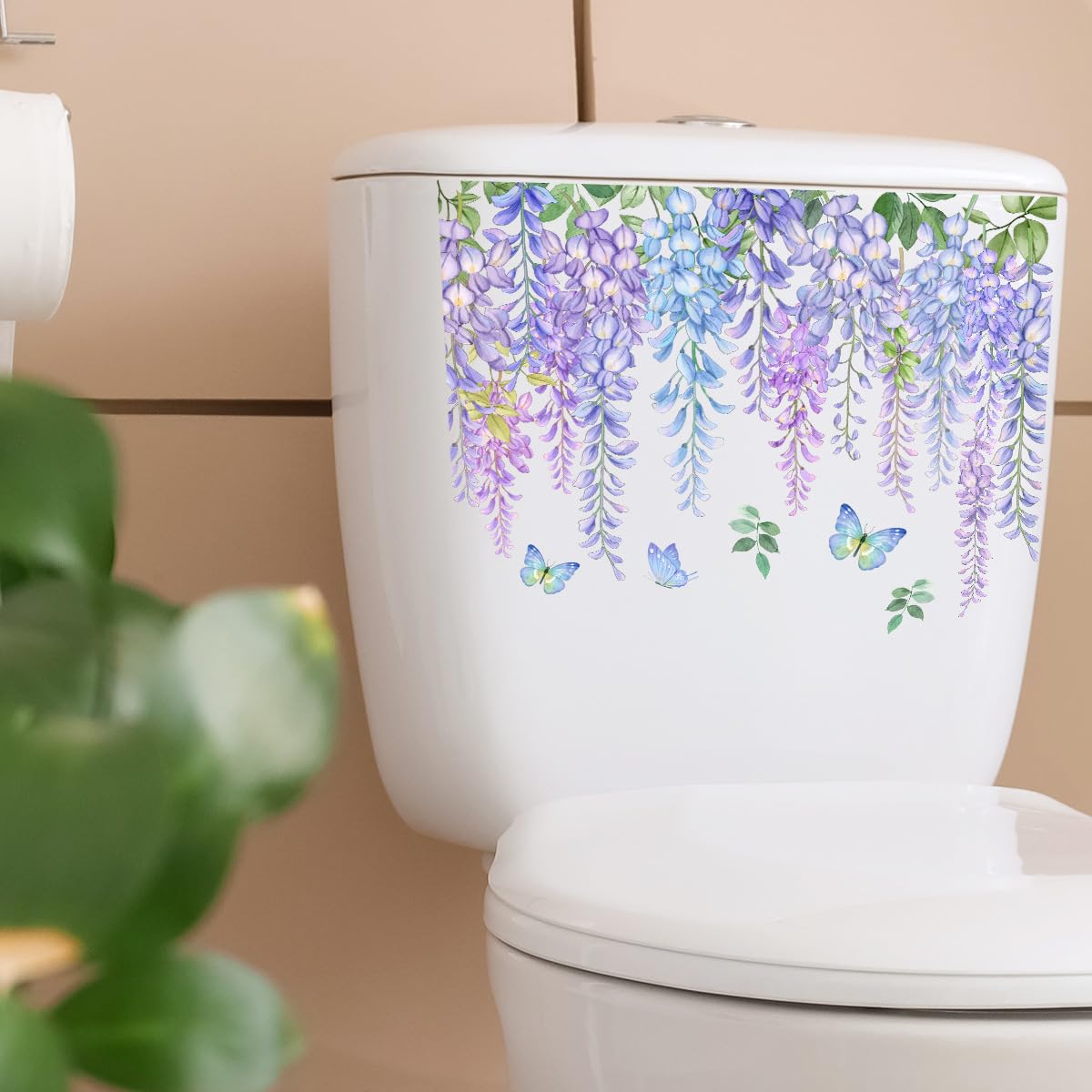 Butterfly Purple Flowers Toilet Cover Sticker Decals - Waterproof Self-Adhesive Bathroom Decor for Toilet Lid, Tank & Wall - Floral Butterfly Rose Leaf Design - Perfect for Home, Apartment & RV Bathroom Makeover