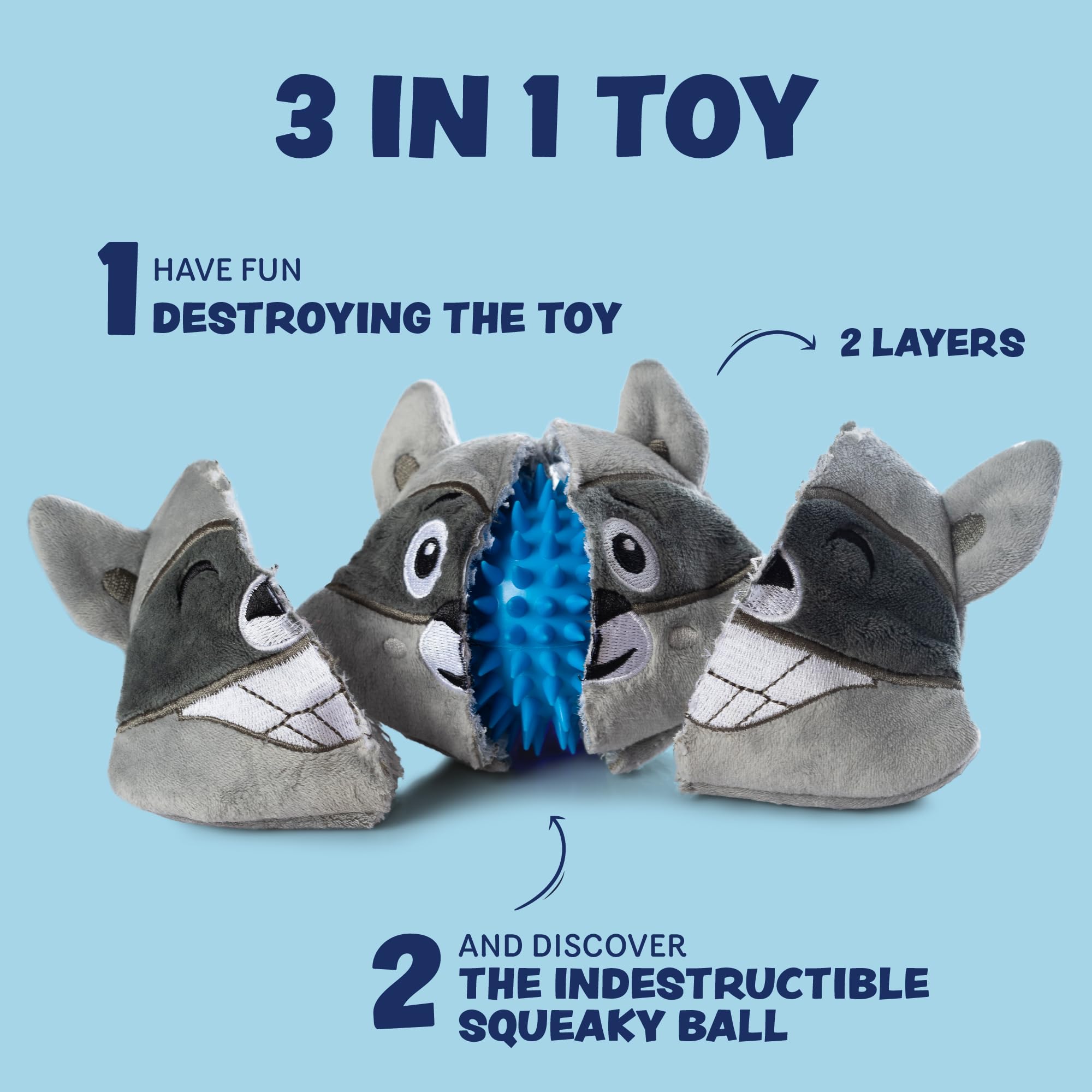 Durable 3-in-1 Squeaky Dog Toys for Aggressive Chewers - Interactive Chew Toys for Small, Medium & Large Breed Dogs - Puppy Teething Relief - Grey Dog Toys for Indoor & Outdoor Play