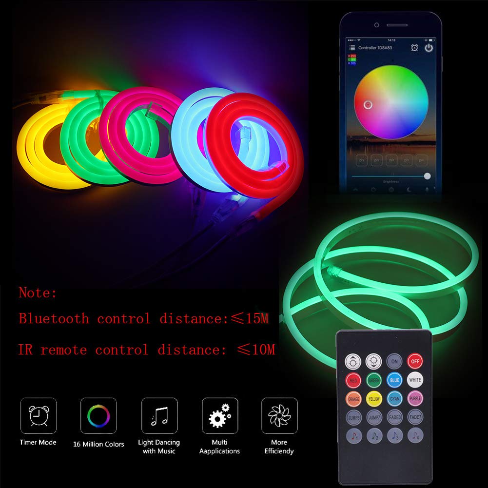 XUNATA 30ft RGB LED Neon Rope Light with Bluetooth Remote Control - 5050 60 LEDs/m, Dimmable, Waterproof IP65, 110-130V AC - Perfect for Commercial Buildings, Outdoor Decor, Bars, and Party Lighting (9m)