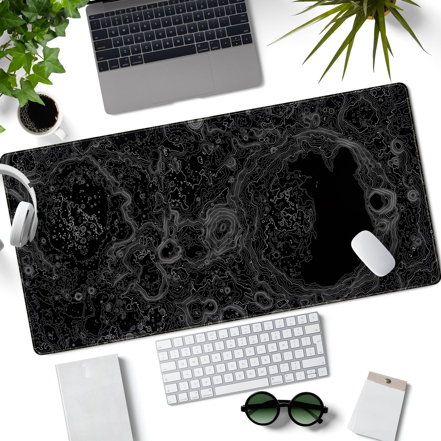 3D Black Topographic Gaming Mouse Pad - 31.5x15.7in Non-Slip Desk Mat for PC Gaming & Office Work