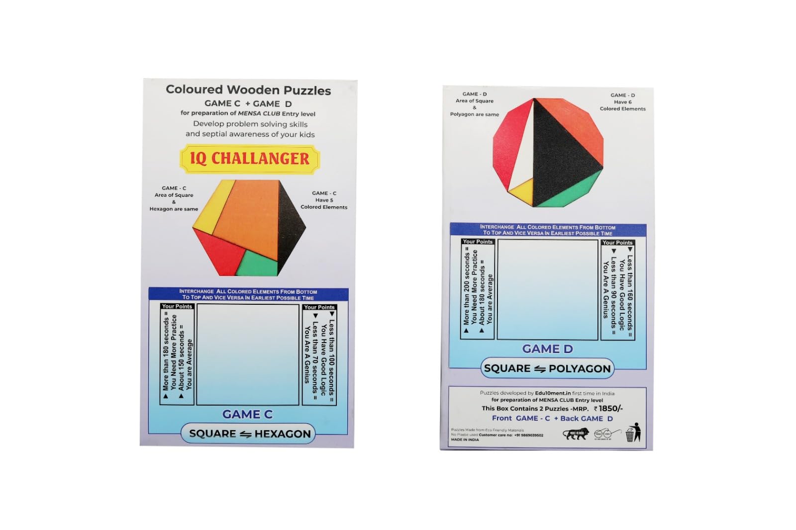 Colored Wooden Puzzles Game C & D - Multi-Color Tangram Puzzles for Kids' Mind Development - Perfect for Home Learning & Classroom Activities
