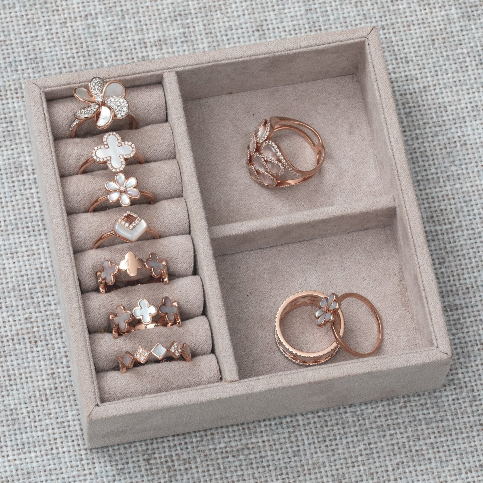 14k Rose Gold Mother of Pearl Clover Ring with Diamond Halo - Elegant Jewelry for Women, Perfect for Weddings, Anniversaries & Special Occasions